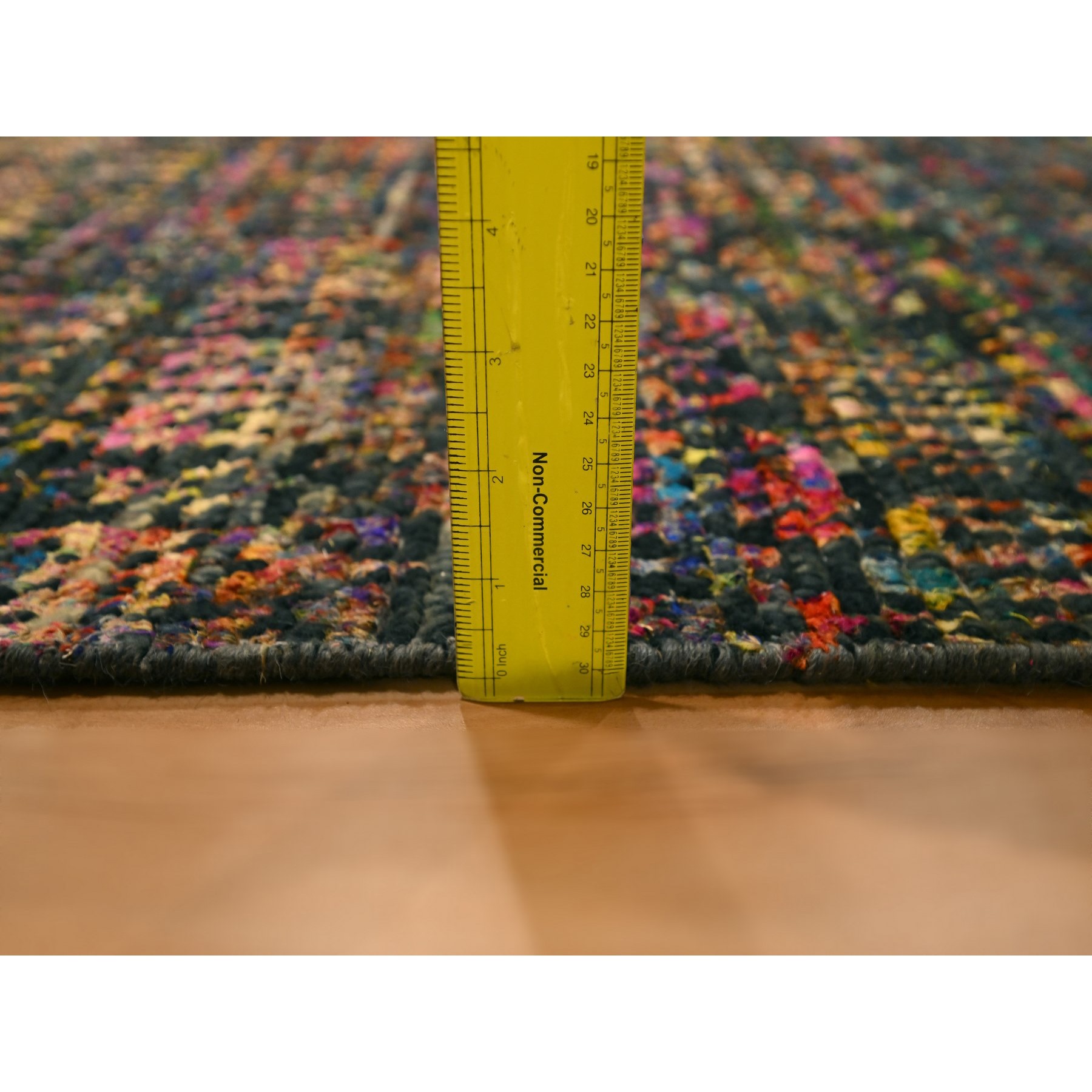 2'6"x11' Caviar Black, Sari Silk and Wool, Geometric Pattern Combined with a Striae Design, Textured Pile, Hand Knotted, Runner, Oriental Rug Sh76206