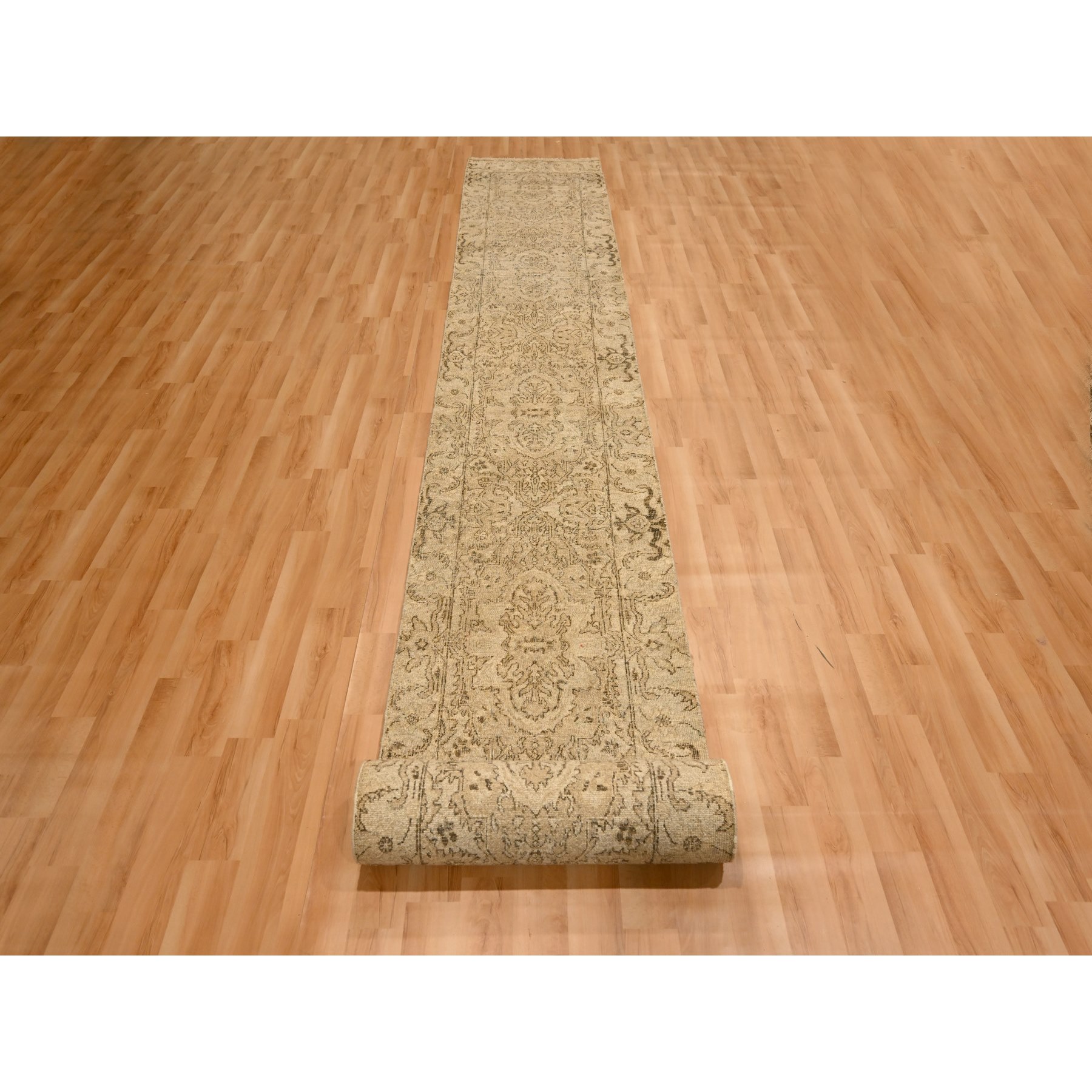 2'4"x20' Khaki Brown, Agra Medallion Design, Zero Pile, Distressed, Shaved Low, Hand Knotted, 100% Wool, XL Runner, Oriental Rug Sh76207