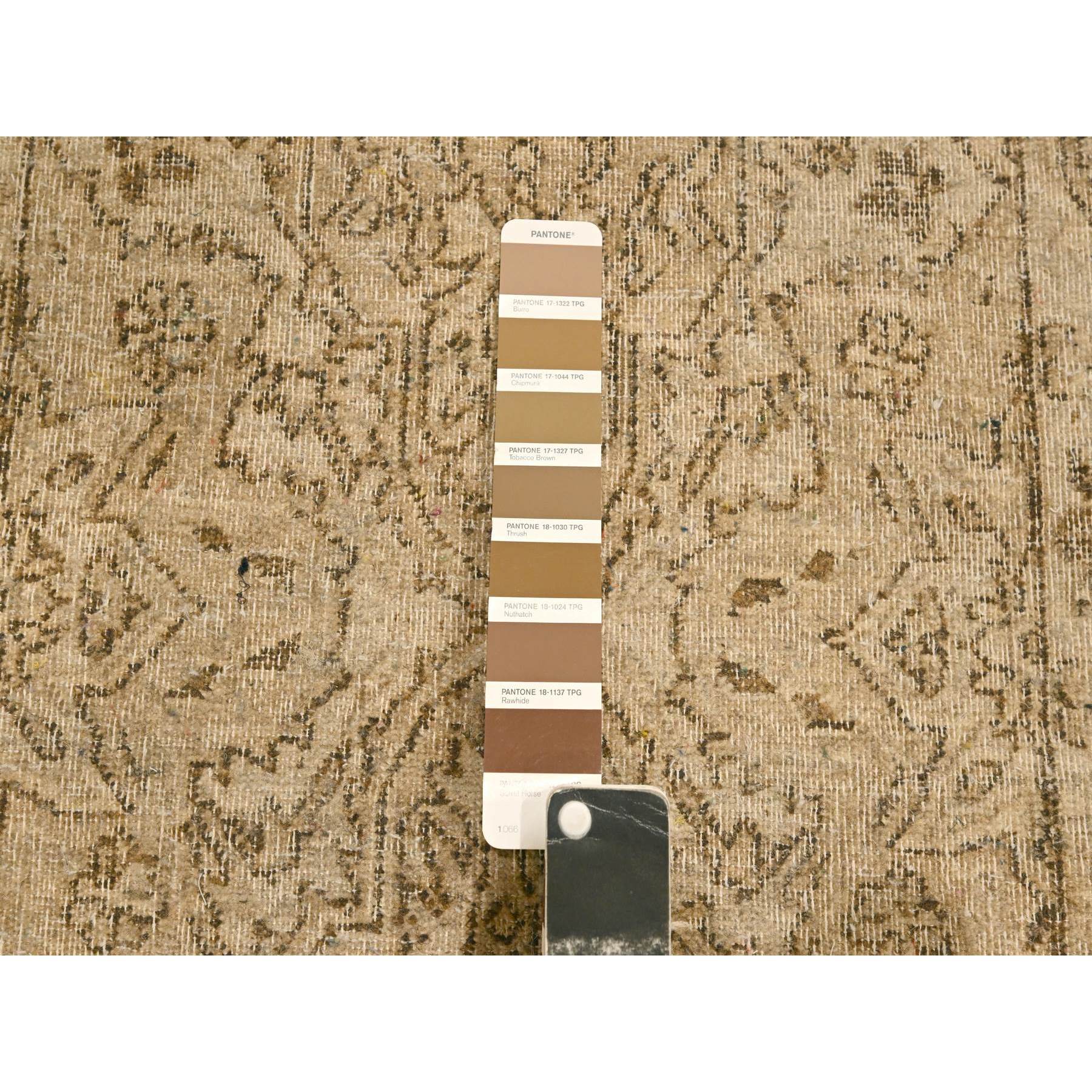2'4"x20' Khaki Brown, Agra Medallion Design, Zero Pile, Distressed, Shaved Low, Hand Knotted, 100% Wool, XL Runner, Oriental Rug Sh76207
