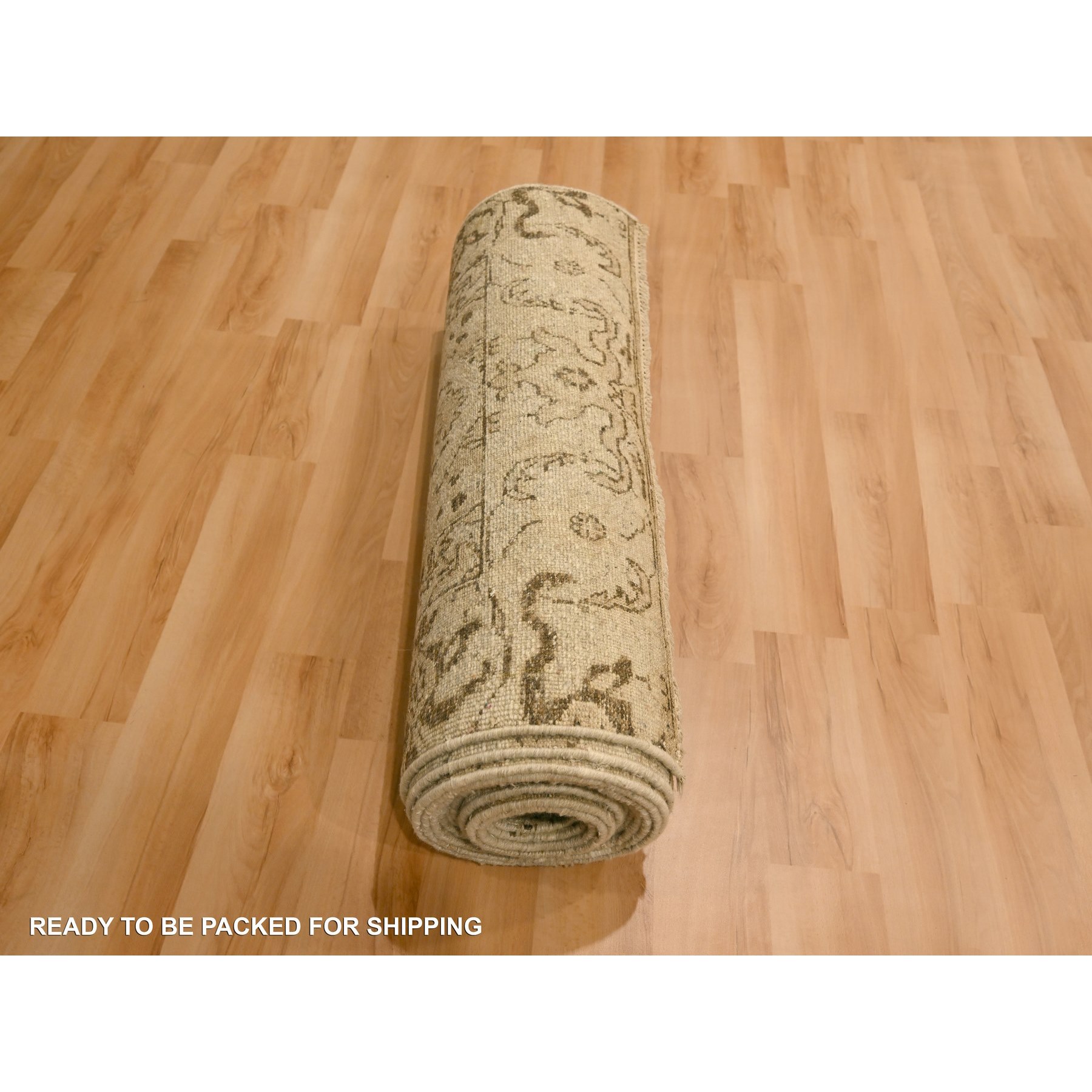 2'4"x20' Khaki Brown, Agra Medallion Design, Zero Pile, Distressed, Shaved Low, Hand Knotted, 100% Wool, XL Runner, Oriental Rug Sh76207
