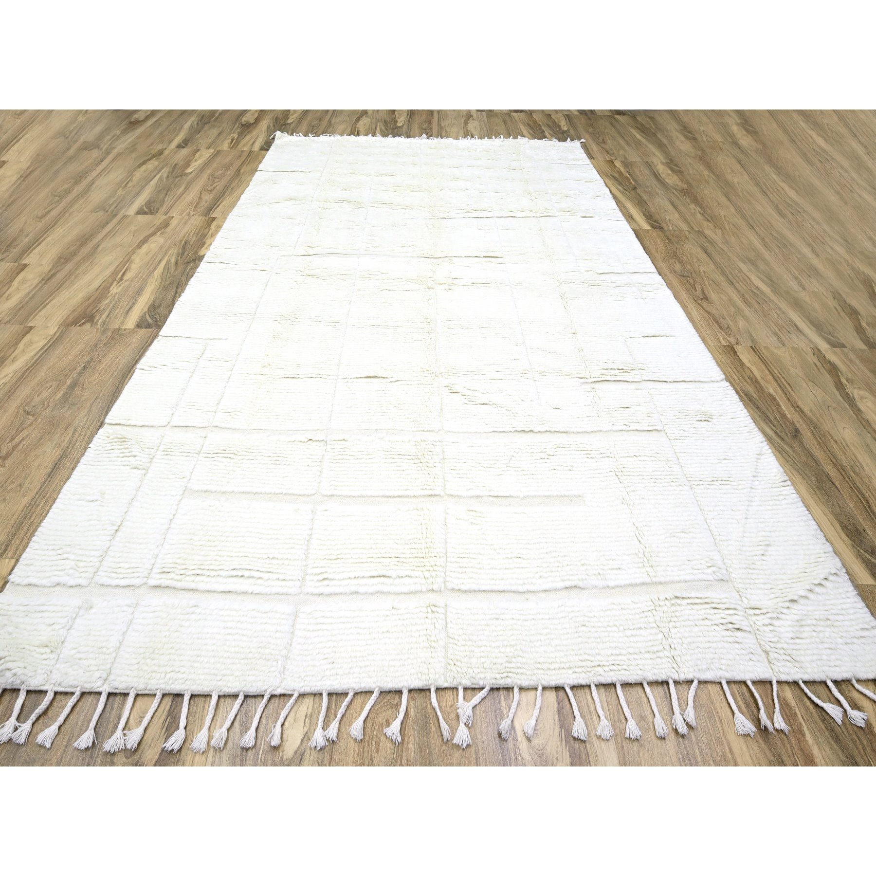 10'1"x14' Pearl White, Moroccan Weave with Grid Design, Solid, Textured Wool, Hand Knotted, Oriental Rug Sh76211