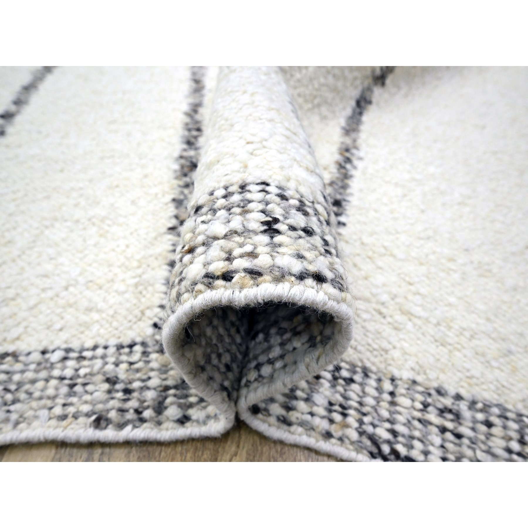 10'x14' Papyrus White, Moroccan Weave with Line Design, Modern, Shabby Chic, Textured Pile, Natural Undyed Wool, Hand Knotted, Oriental Rug Sh76212