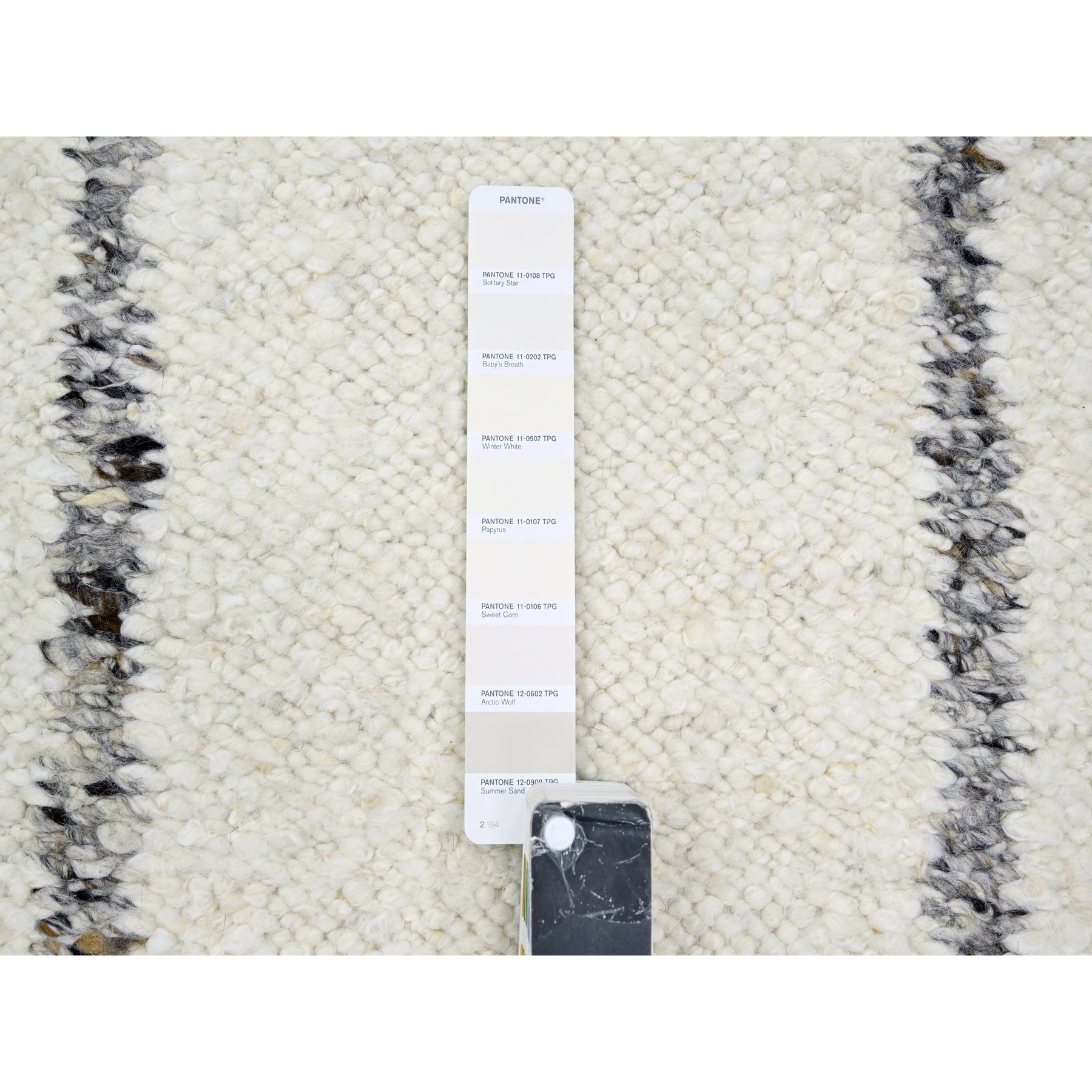 10'x14' Papyrus White, Moroccan Weave with Line Design, Modern, Shabby Chic, Textured Pile, Natural Undyed Wool, Hand Knotted, Oriental Rug Sh76212