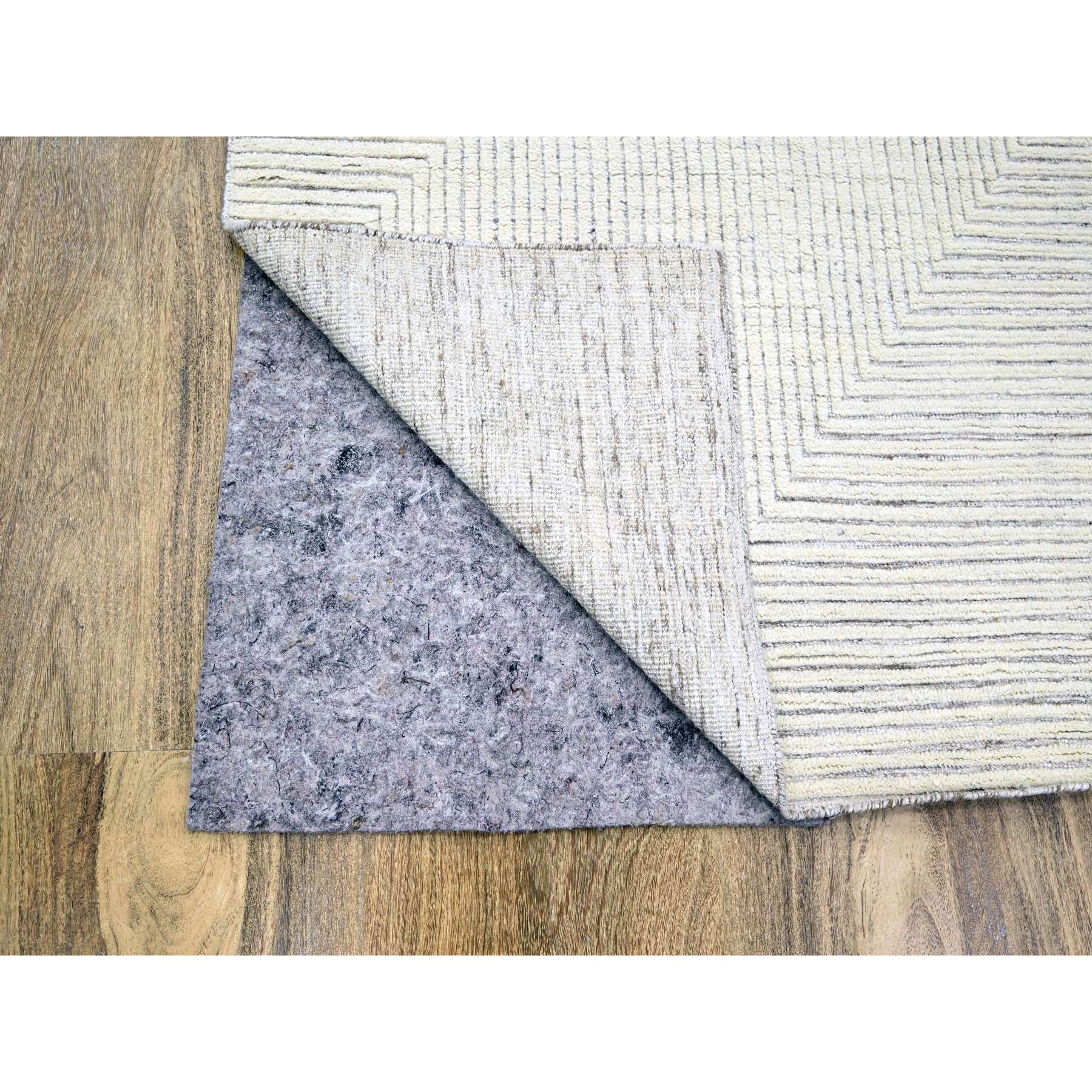 9'x12'1" Alabaster White, Geometric Variegated Line Design, 100% Wool, Hand Knotted, Oriental Rug Sh76213