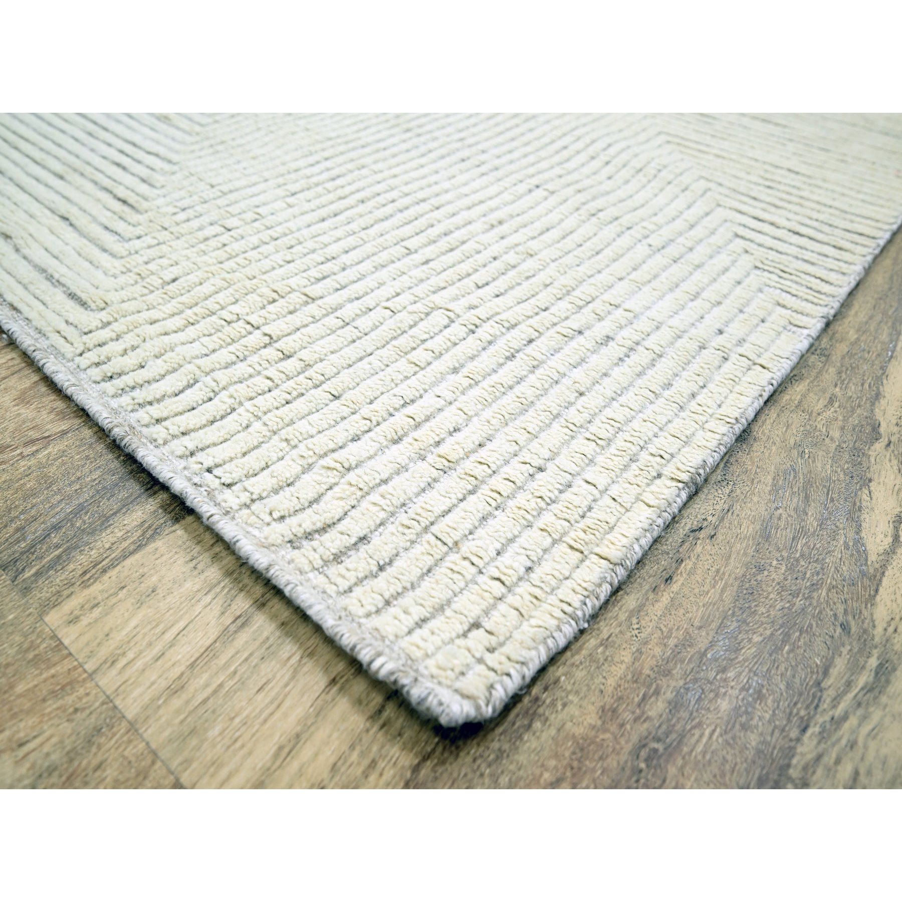 9'x12'1" Alabaster White, Geometric Variegated Line Design, 100% Wool, Hand Knotted, Oriental Rug Sh76213