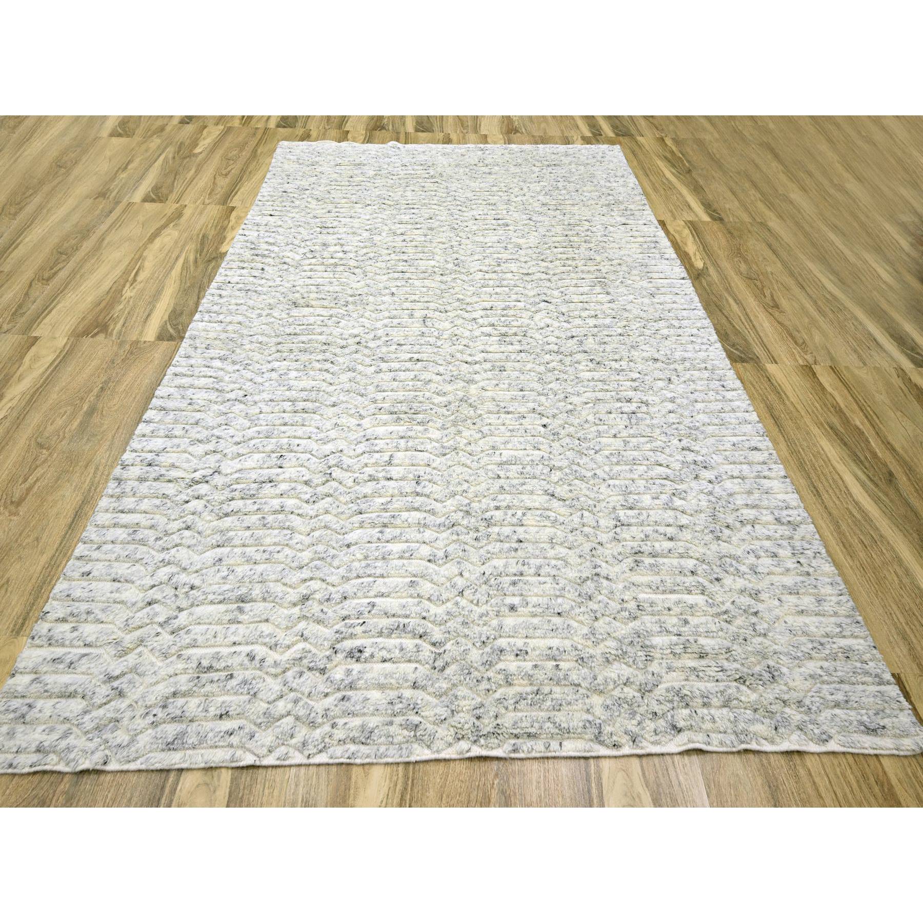9'4"x11'10" Pearl White with Touches of Black, Variegated and Textured Moroccan Weave, Thick and Plush, Natural Undyed Wool, Hand Knotted, Oriental Rug Sh76216