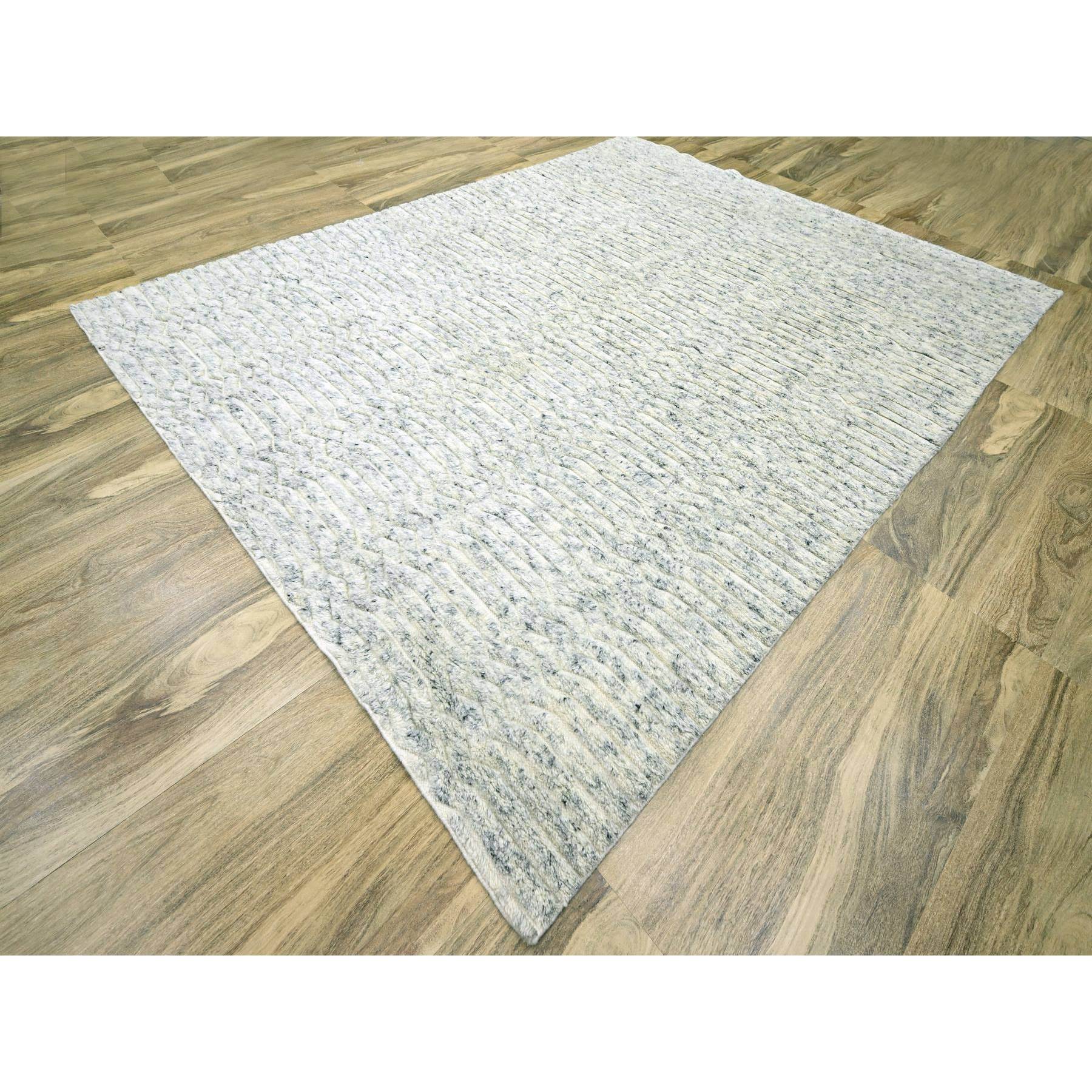 9'4"x11'10" Pearl White with Touches of Black, Variegated and Textured Moroccan Weave, Thick and Plush, Natural Undyed Wool, Hand Knotted, Oriental Rug Sh76216