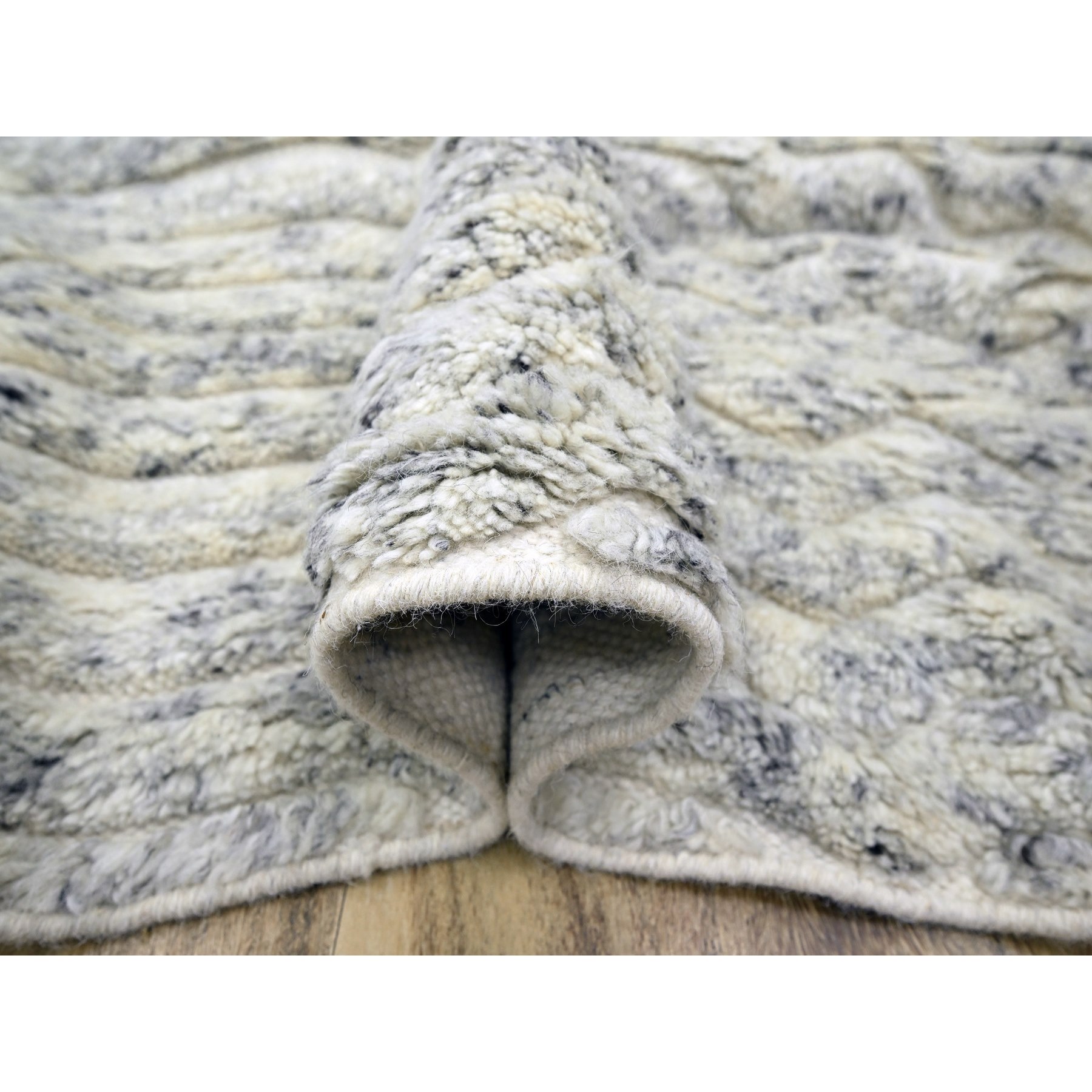9'4"x11'10" Pearl White with Touches of Black, Variegated and Textured Moroccan Weave, Thick and Plush, Natural Undyed Wool, Hand Knotted, Oriental Rug Sh76216