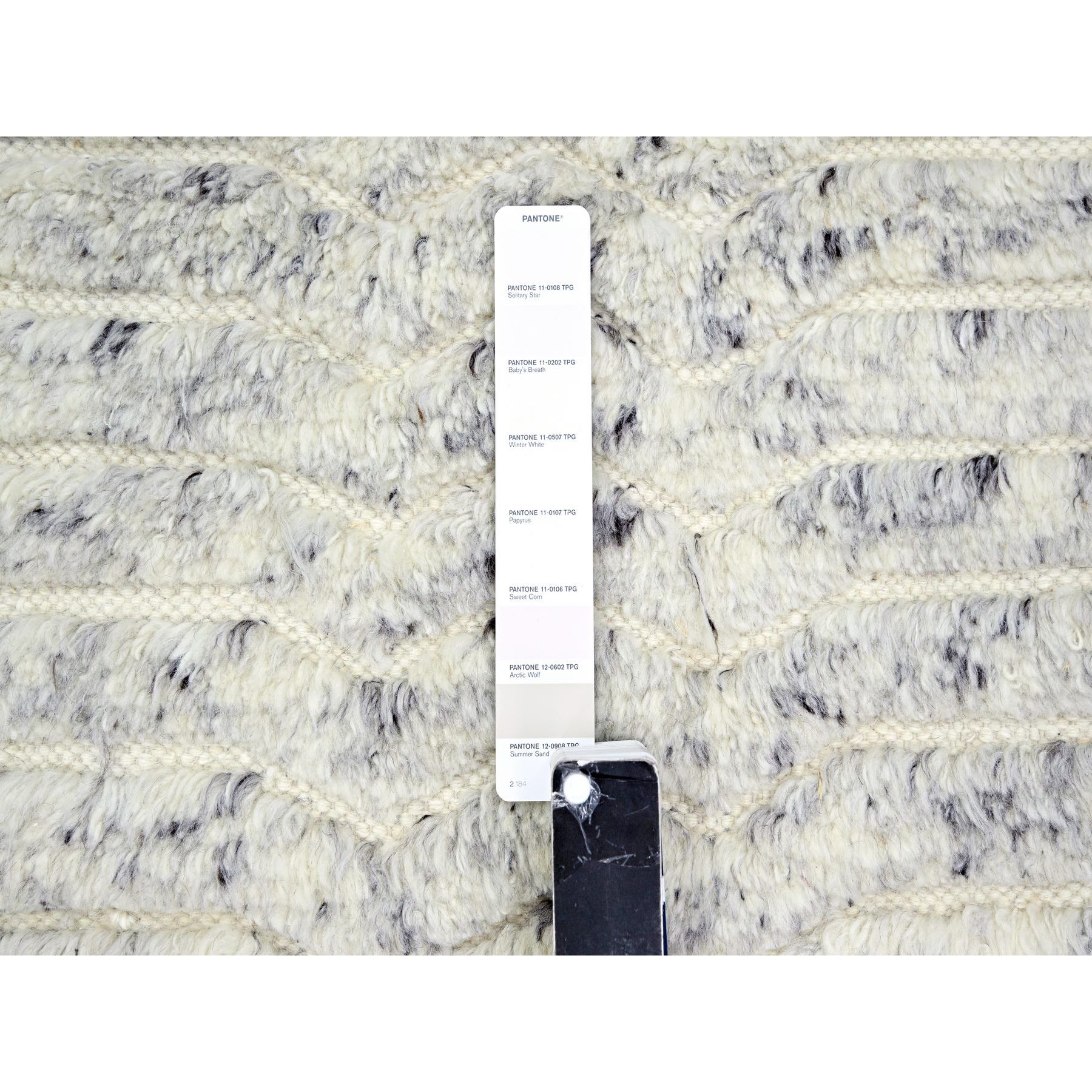 9'4"x11'10" Pearl White with Touches of Black, Variegated and Textured Moroccan Weave, Thick and Plush, Natural Undyed Wool, Hand Knotted, Oriental Rug Sh76216