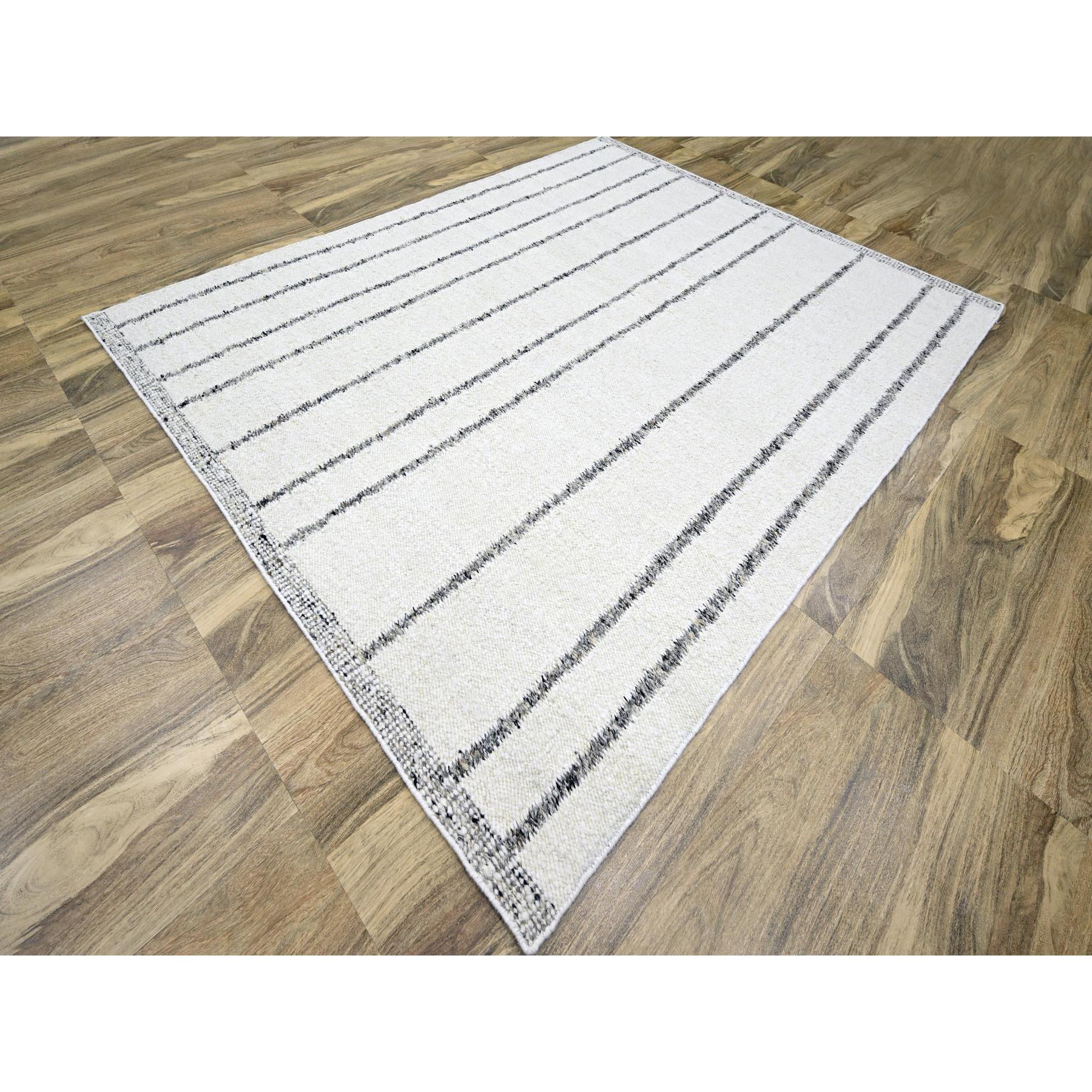 8'2"x10'2" Chiffon White, Moroccan Weave with Line Design, Modern, Textured Pile, Natural Undyed Wool, Hand Knotted, Shabby Chic, Oriental Rug Sh76217