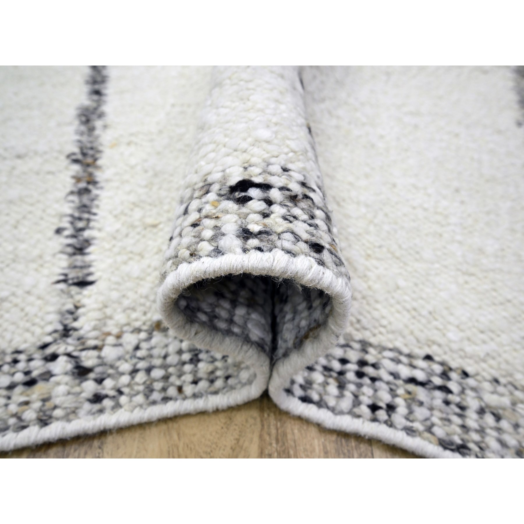 8'2"x10'2" Chiffon White, Moroccan Weave with Line Design, Modern, Textured Pile, Natural Undyed Wool, Hand Knotted, Shabby Chic, Oriental Rug Sh76217