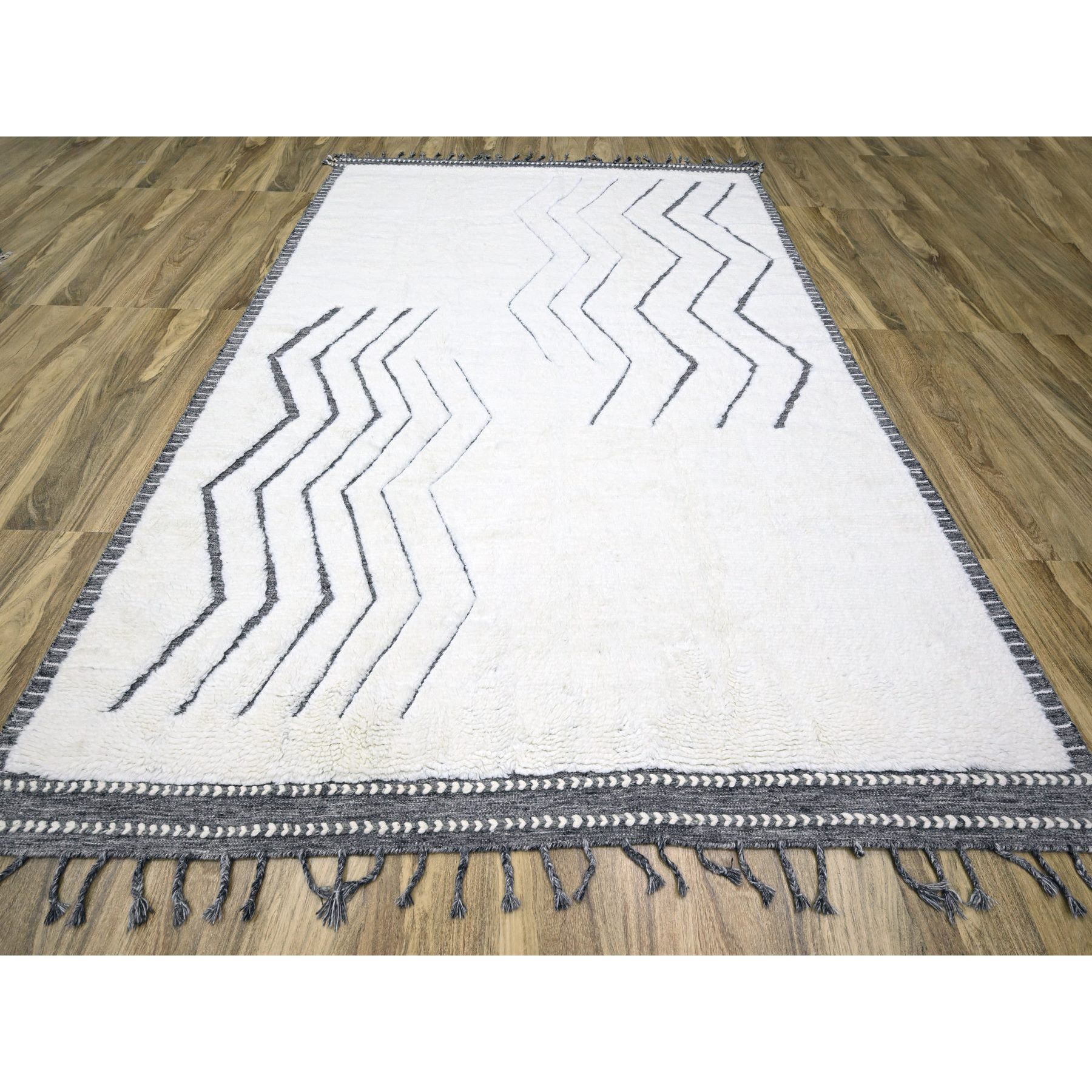 9'2"x12'1" Daisy White, Moroccan Weave with Geometric Line Design, Modern, Textured Pile, Natural Undyed Wool, Shabby Chic, Hand Knotted, Oriental Rug Sh76222