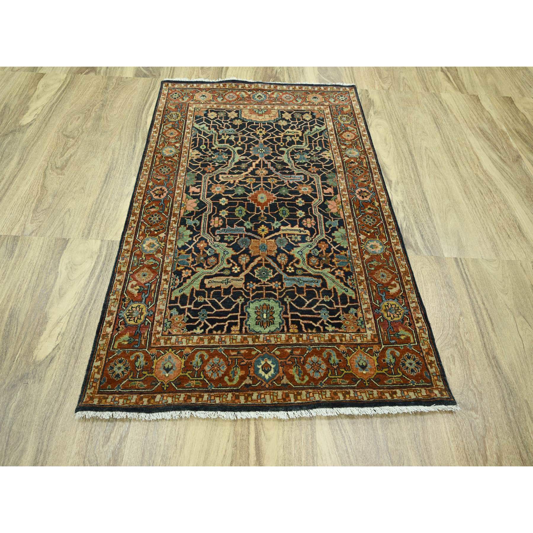 4'1"x6' Navy Blue, Heriz All Over Design, Hand Knotted, Soft Pile, Natural Dyes, Hand Spun New Zealand Wool, Oriental Rug Sh76231