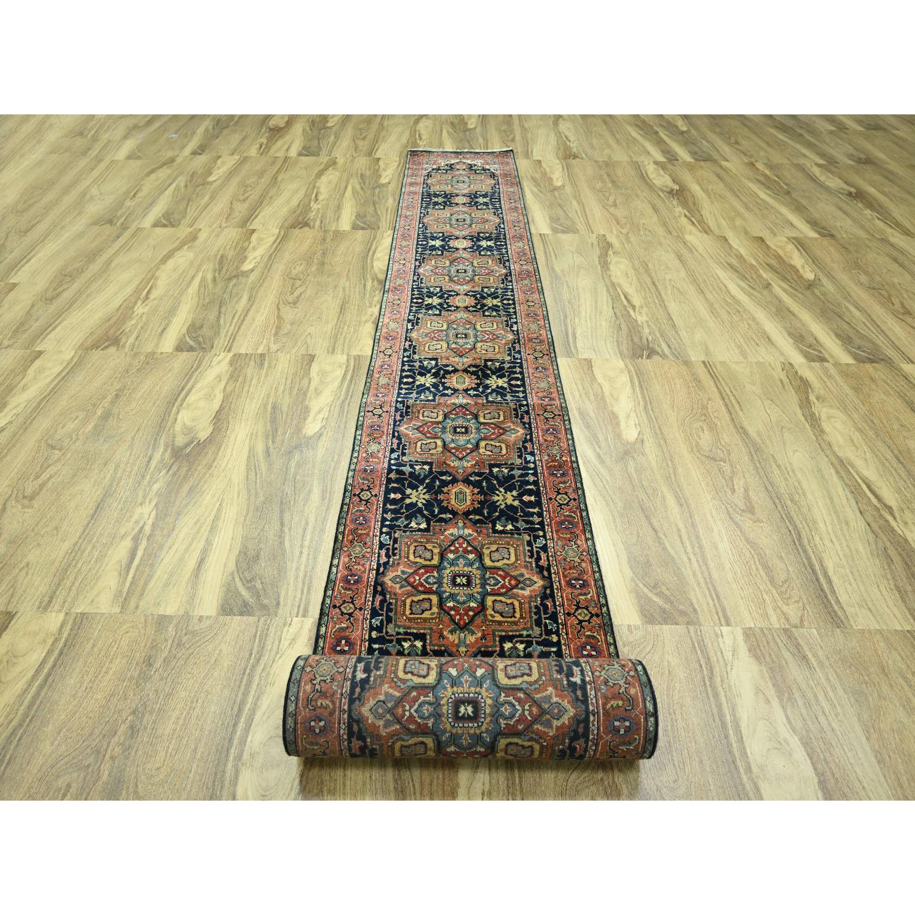 2'8"x21'8" Midnight Blue, Heriz with Geometric Medallions Design, Natural Dyes, Hand Knotted, Soft Pile, Hand Spun New Zealand Wool, XL Runner, Oriental Rug Sh76232