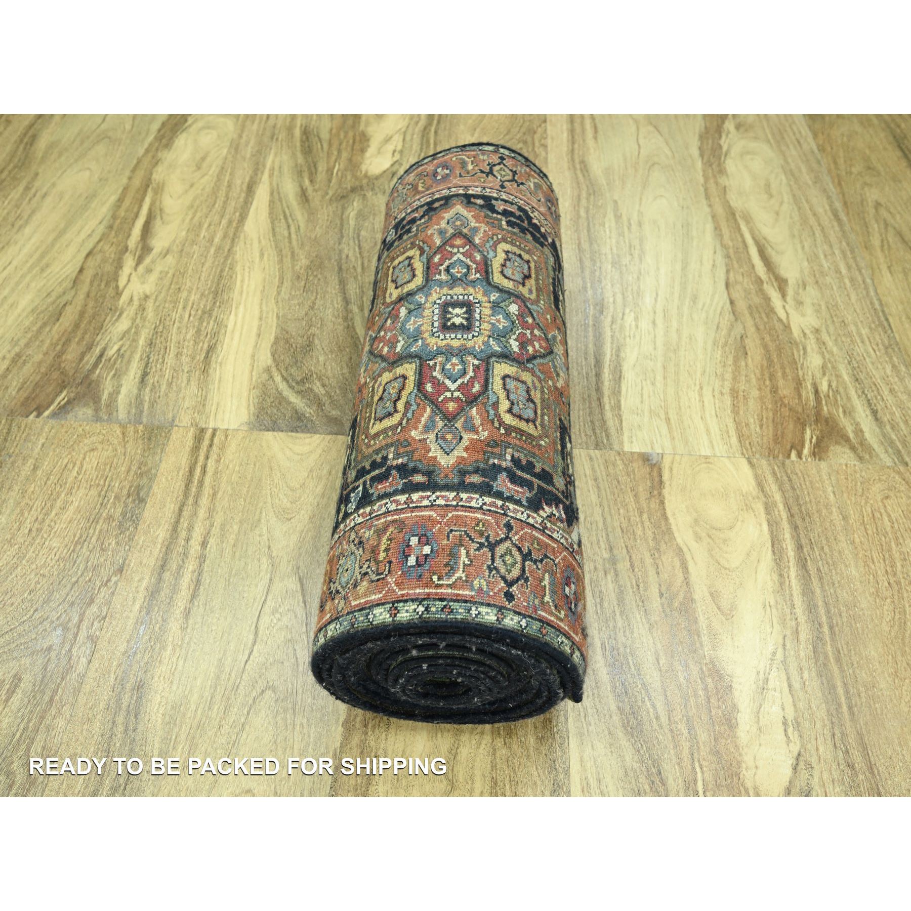 2'8"x21'8" Midnight Blue, Heriz with Geometric Medallions Design, Natural Dyes, Hand Knotted, Soft Pile, Hand Spun New Zealand Wool, XL Runner, Oriental Rug Sh76232