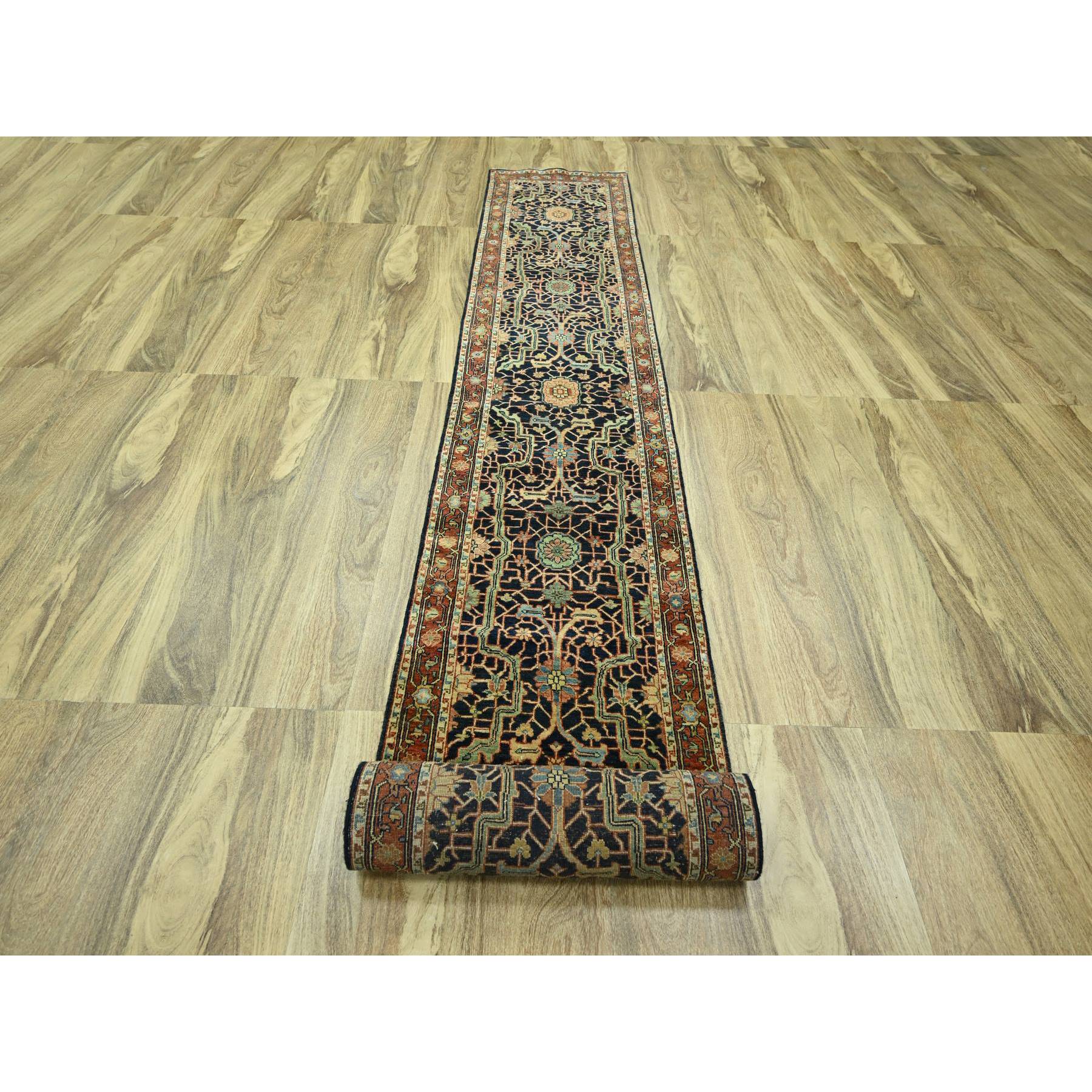 2'6"x18' Navy Blue, Heriz All Over Design, Natural Dyes, Hand Knotted, Hand Spun New Zealand Wool, Soft Pile, XL Runner, Oriental Rug Sh76233