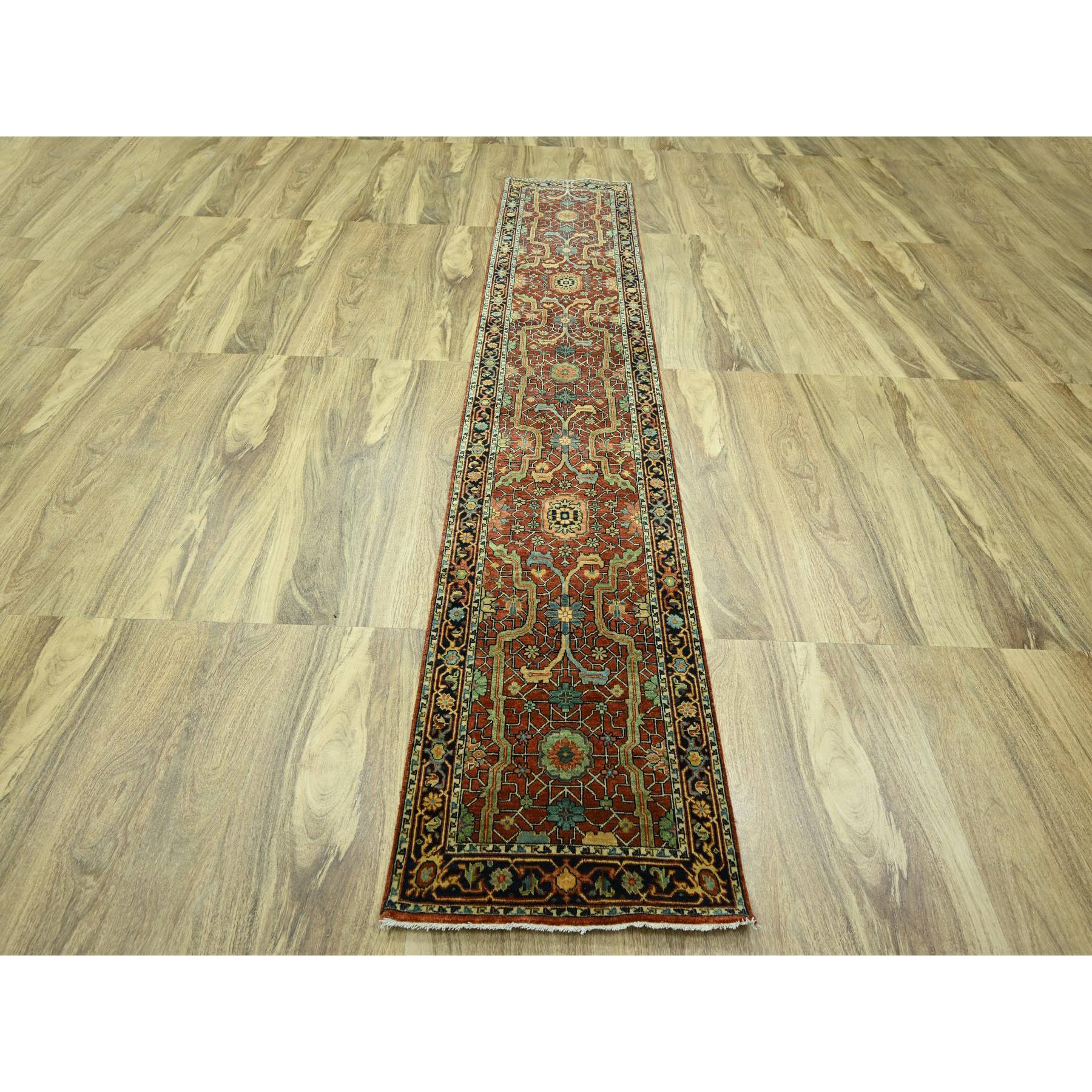 2'6"x12' Brick Red, Heriz All Over Design, Natural Dyes, Hand Knotted, Hand Spun New Zealand Wool, Soft Pile, Runner, Oriental Rug Sh76234