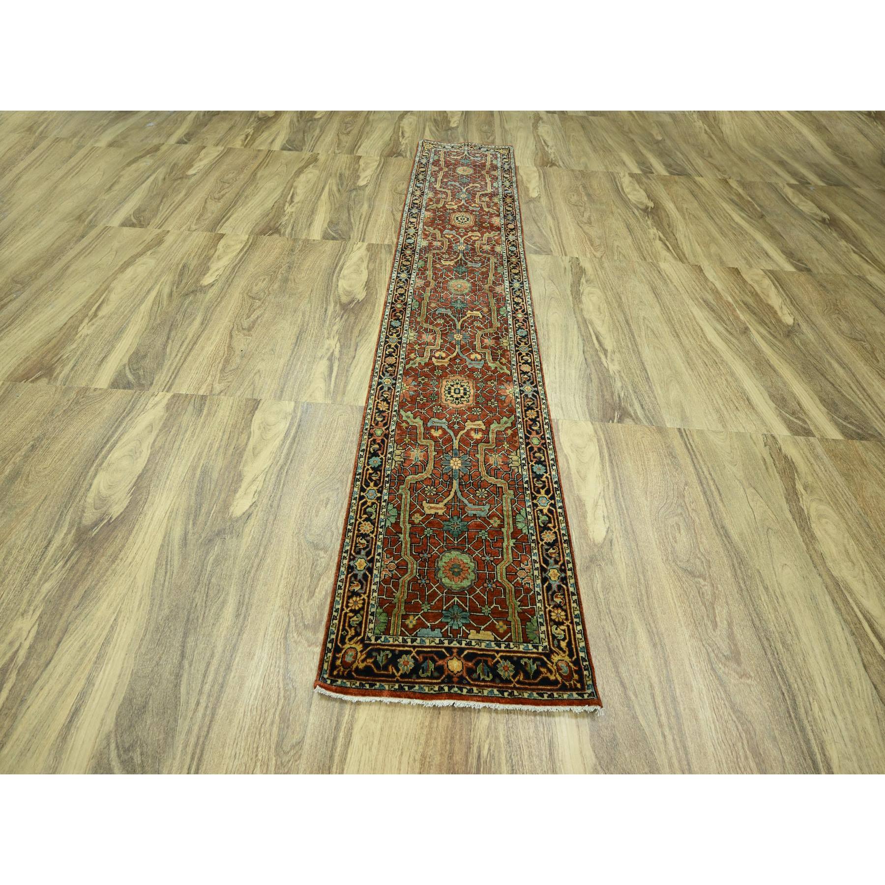 2'6"x12' Auburn Red, Heriz All Over Design, Soft Pile, Natural Dyes, Hand Knotted, Hand Spun New Zealand Wool, Runner, Oriental Rug Sh76235