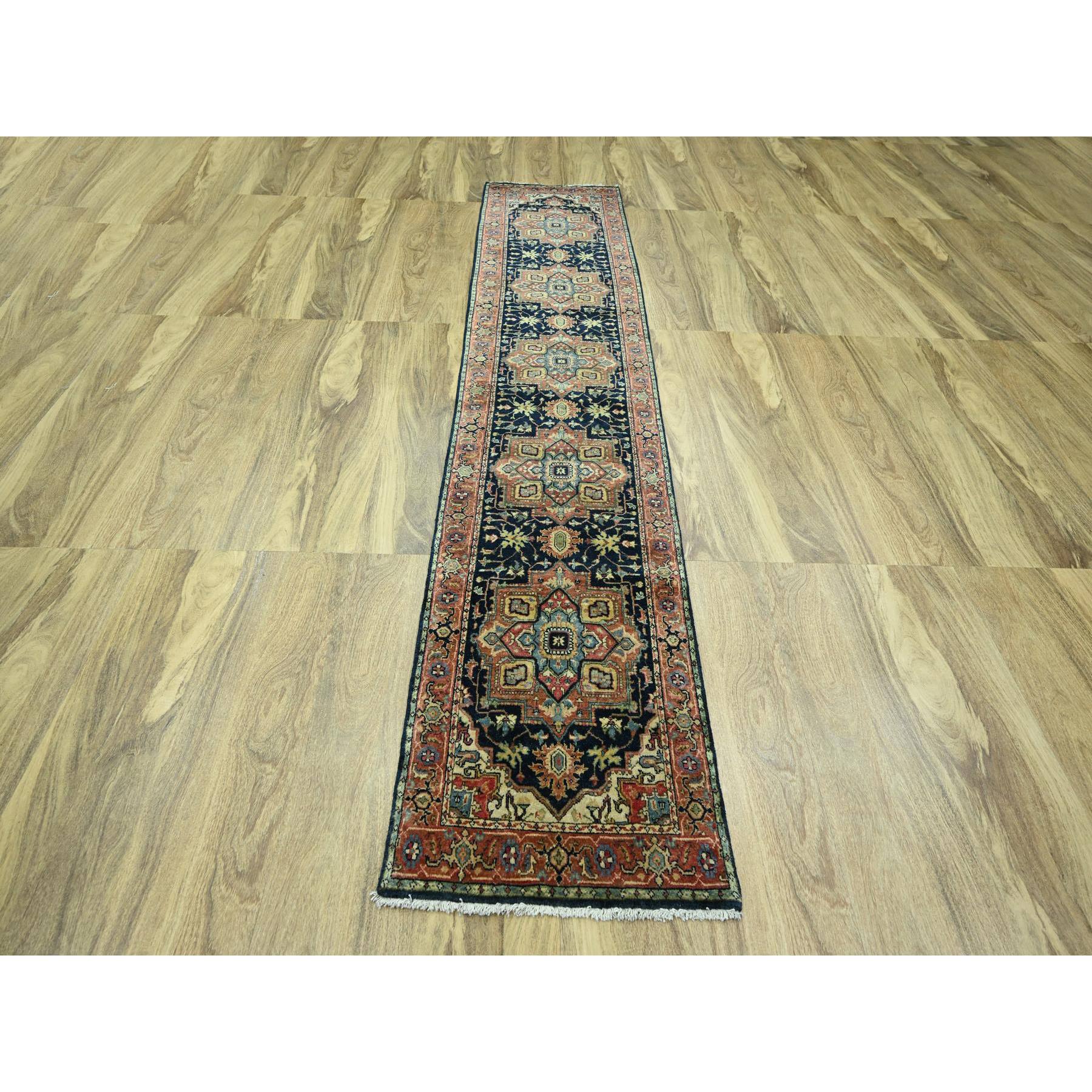 2'6"x11'5" Navy Blue, Heriz with Geometric Medallions Design, Natural Dyes, Hand Knotted, Soft Pile, Hand Spun New Zealand Wool, Runner, Oriental Rug Sh76236