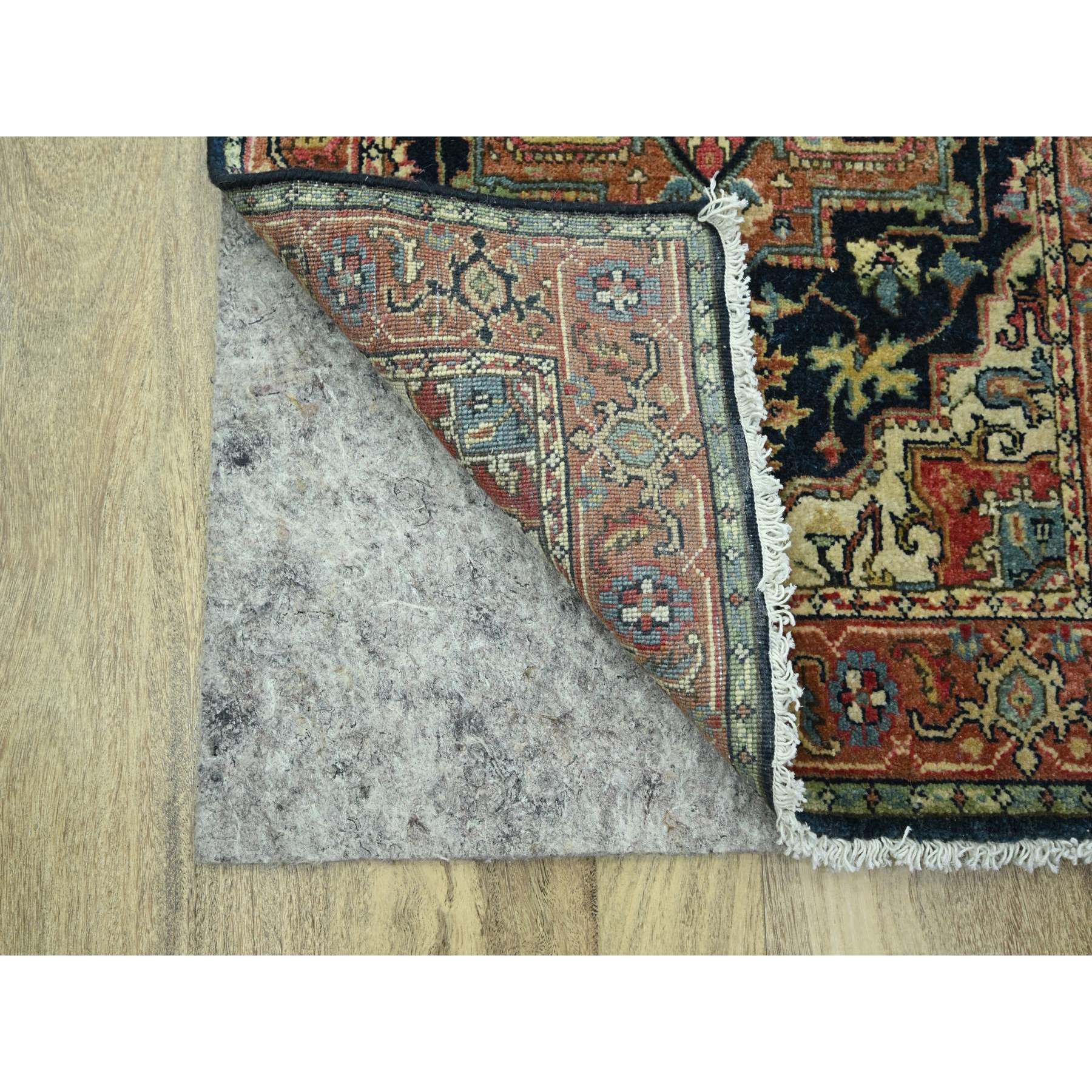 2'6"x11'5" Navy Blue, Heriz with Geometric Medallions Design, Natural Dyes, Hand Knotted, Soft Pile, Hand Spun New Zealand Wool, Runner, Oriental Rug Sh76236