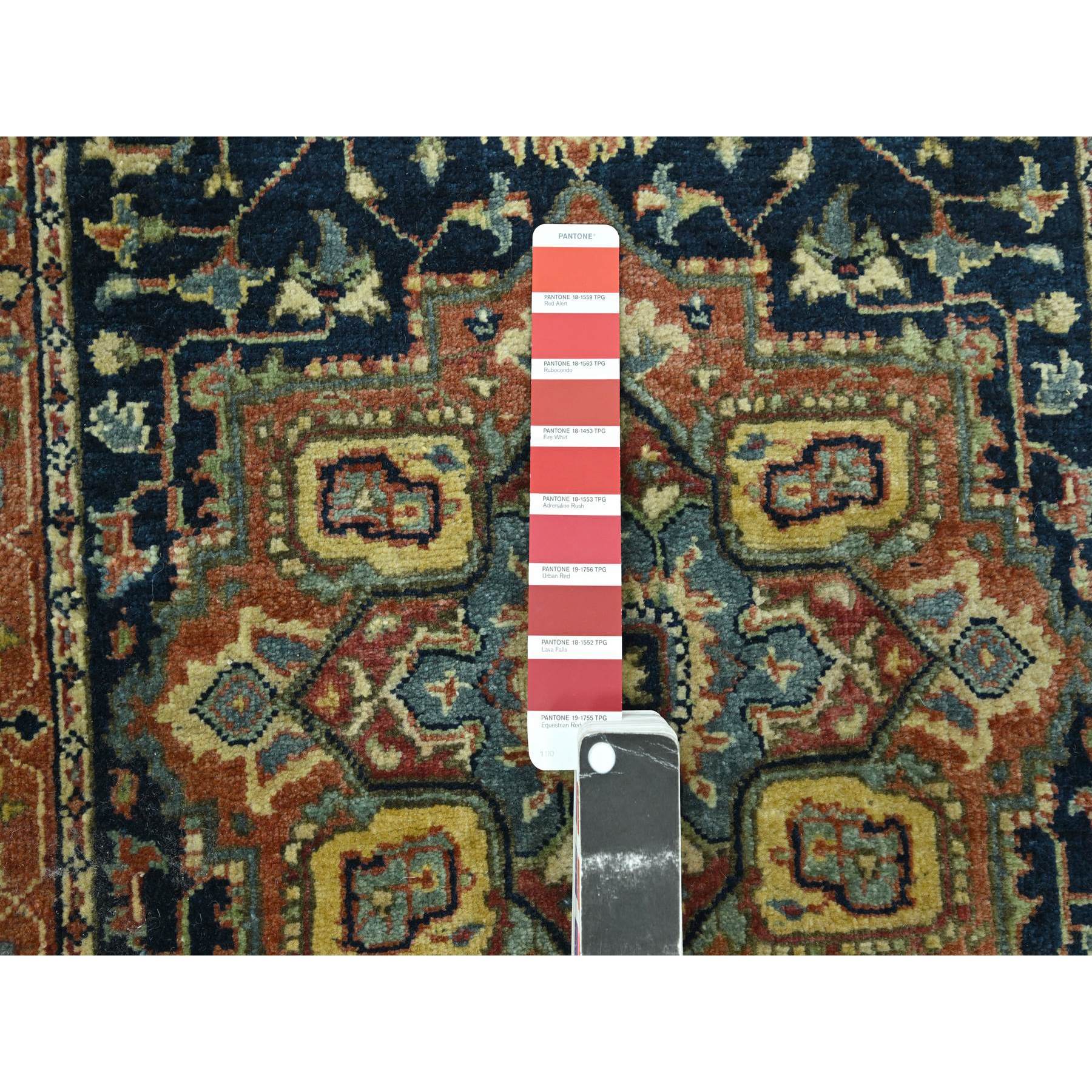 2'6"x11'5" Navy Blue, Heriz with Geometric Medallions Design, Natural Dyes, Hand Knotted, Soft Pile, Hand Spun New Zealand Wool, Runner, Oriental Rug Sh76236