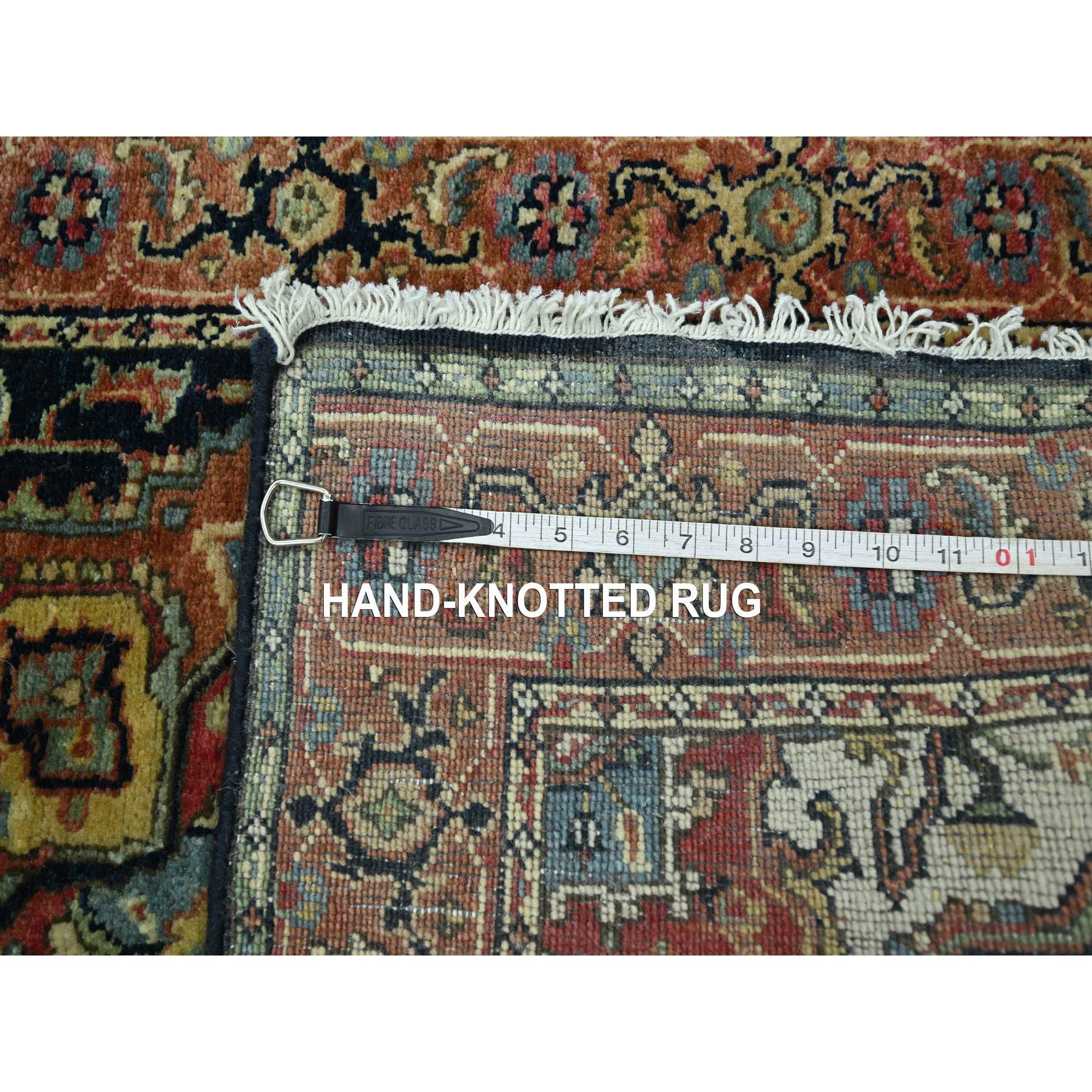 2'6"x11'5" Navy Blue, Heriz with Geometric Medallions Design, Natural Dyes, Hand Knotted, Soft Pile, Hand Spun New Zealand Wool, Runner, Oriental Rug Sh76236