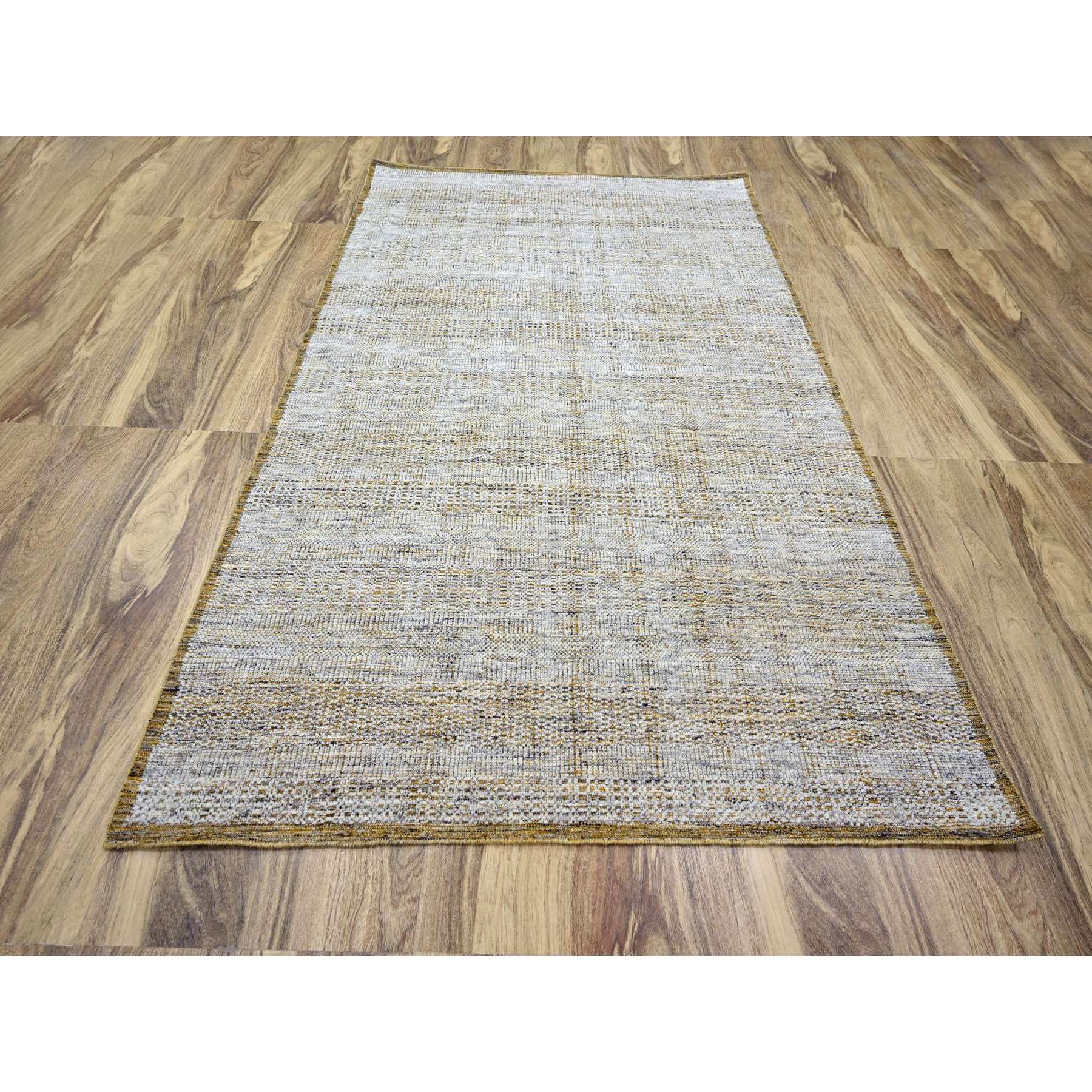 6'1"x9'1" Daisy White with Golden Yellow, Hand Knotted, Oxidized and Distressed Grass Design with Exposed Warps, Pure Wool, Oriental Rug Sh76244