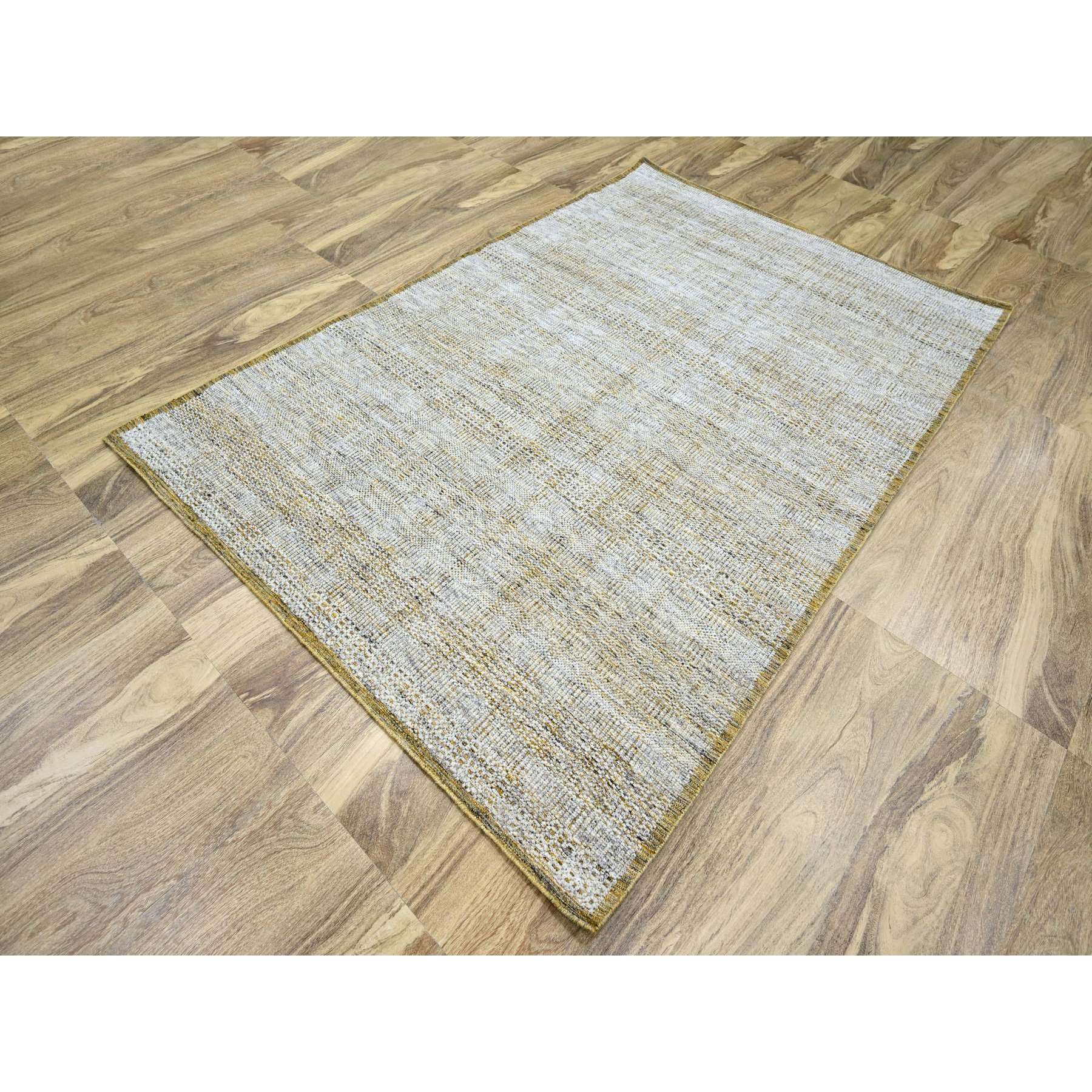 6'1"x9'1" Daisy White with Golden Yellow, Hand Knotted, Oxidized and Distressed Grass Design with Exposed Warps, Pure Wool, Oriental Rug Sh76244
