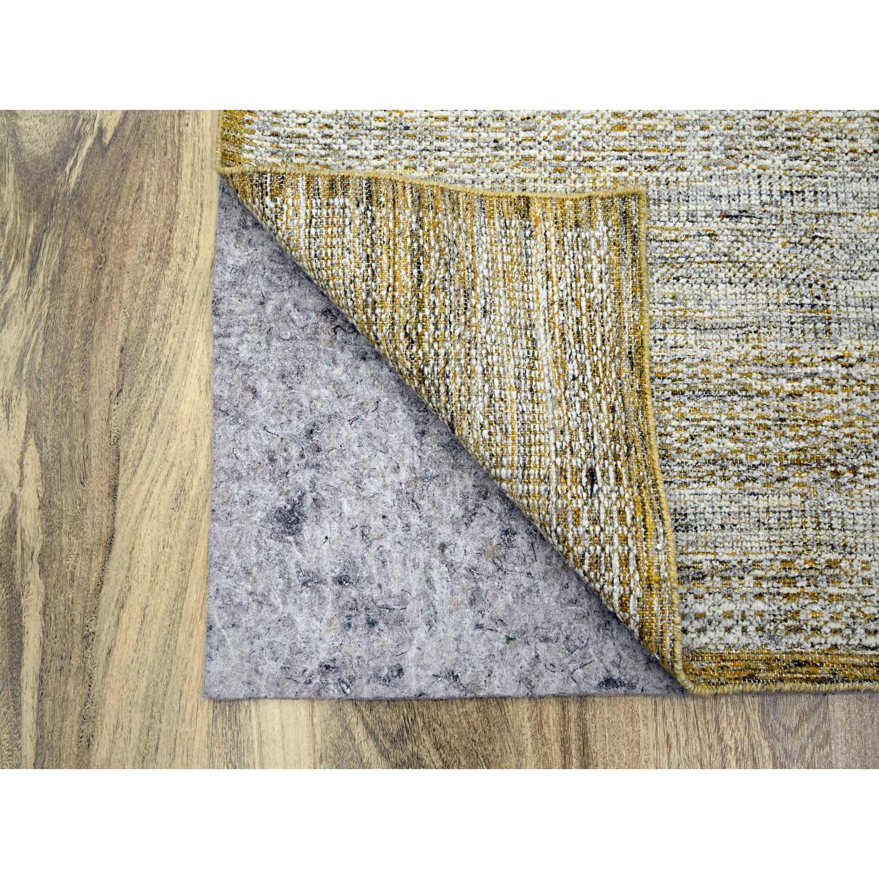 6'1"x9'1" Daisy White with Golden Yellow, Hand Knotted, Oxidized and Distressed Grass Design with Exposed Warps, Pure Wool, Oriental Rug Sh76244