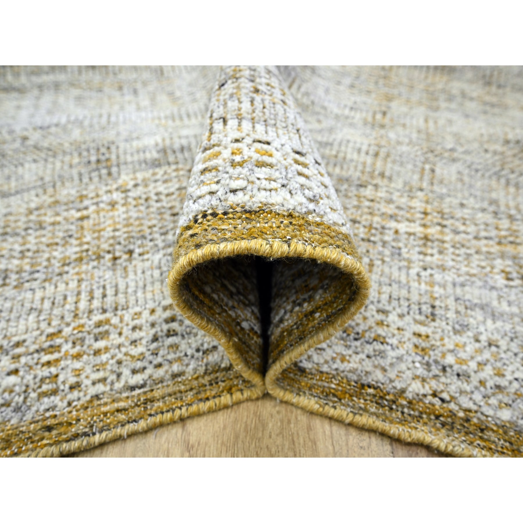 6'1"x9'1" Daisy White with Golden Yellow, Hand Knotted, Oxidized and Distressed Grass Design with Exposed Warps, Pure Wool, Oriental Rug Sh76244