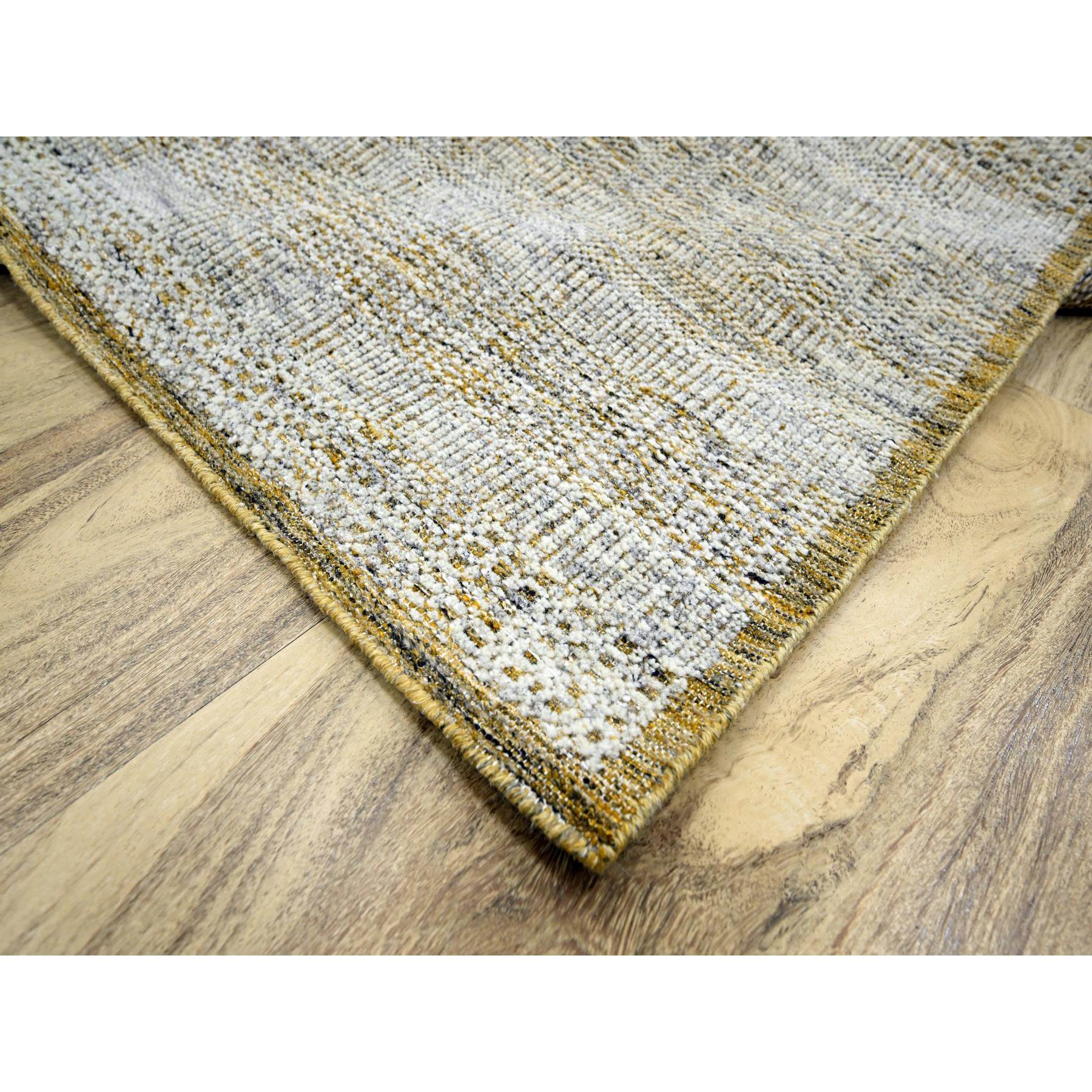 6'1"x9'1" Daisy White with Golden Yellow, Hand Knotted, Oxidized and Distressed Grass Design with Exposed Warps, Pure Wool, Oriental Rug Sh76244