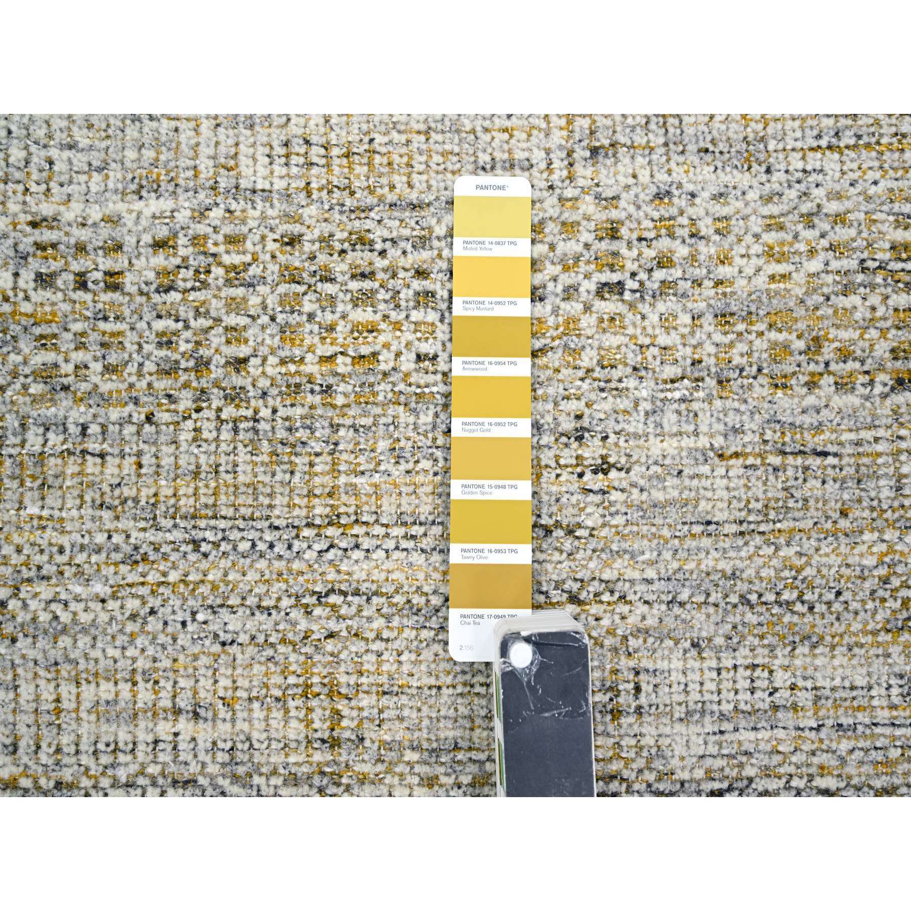 6'1"x9'1" Daisy White with Golden Yellow, Hand Knotted, Oxidized and Distressed Grass Design with Exposed Warps, Pure Wool, Oriental Rug Sh76244