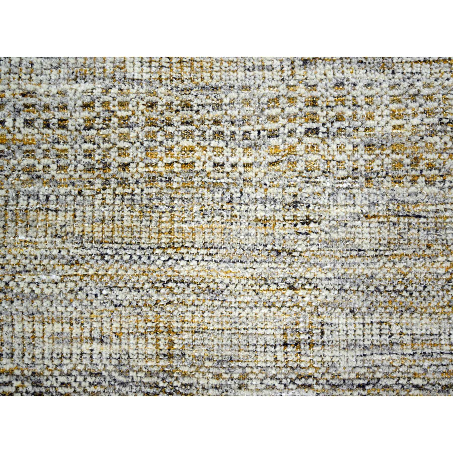 6'1"x9'1" Daisy White with Golden Yellow, Hand Knotted, Oxidized and Distressed Grass Design with Exposed Warps, Pure Wool, Oriental Rug Sh76244