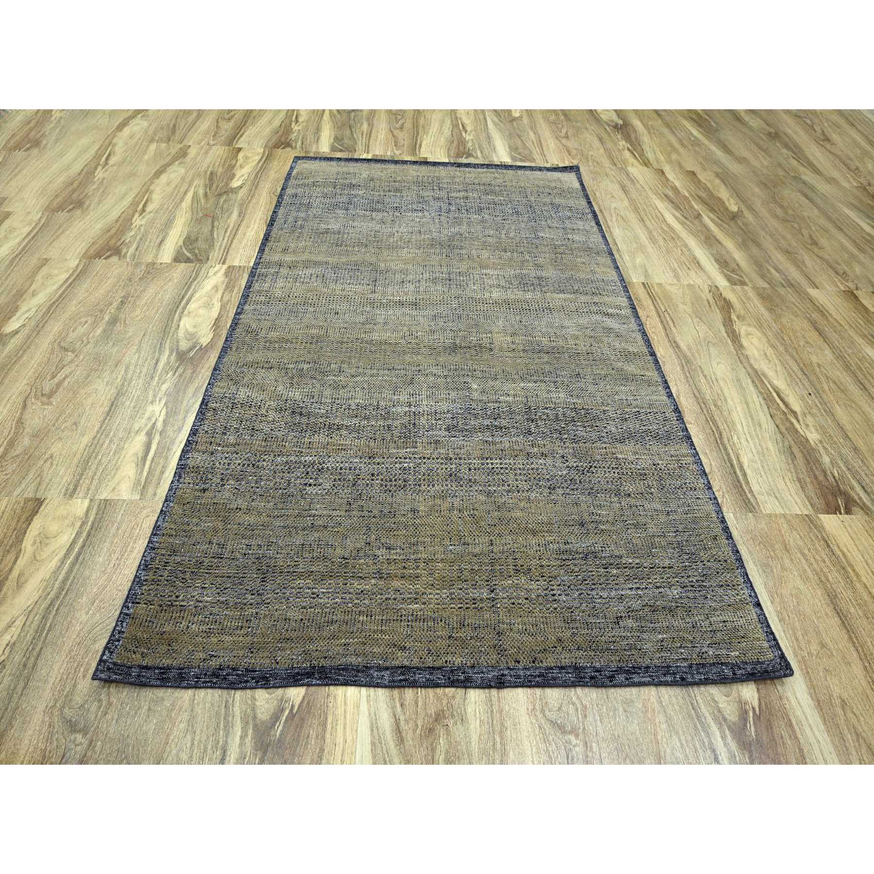 6'x9'2" Bone Brown with Charcoal Black, Oxidized and Distressed Grass Design with Exposed Warps, 100% Wool, Hand Knotted, Oriental Rug Sh76246