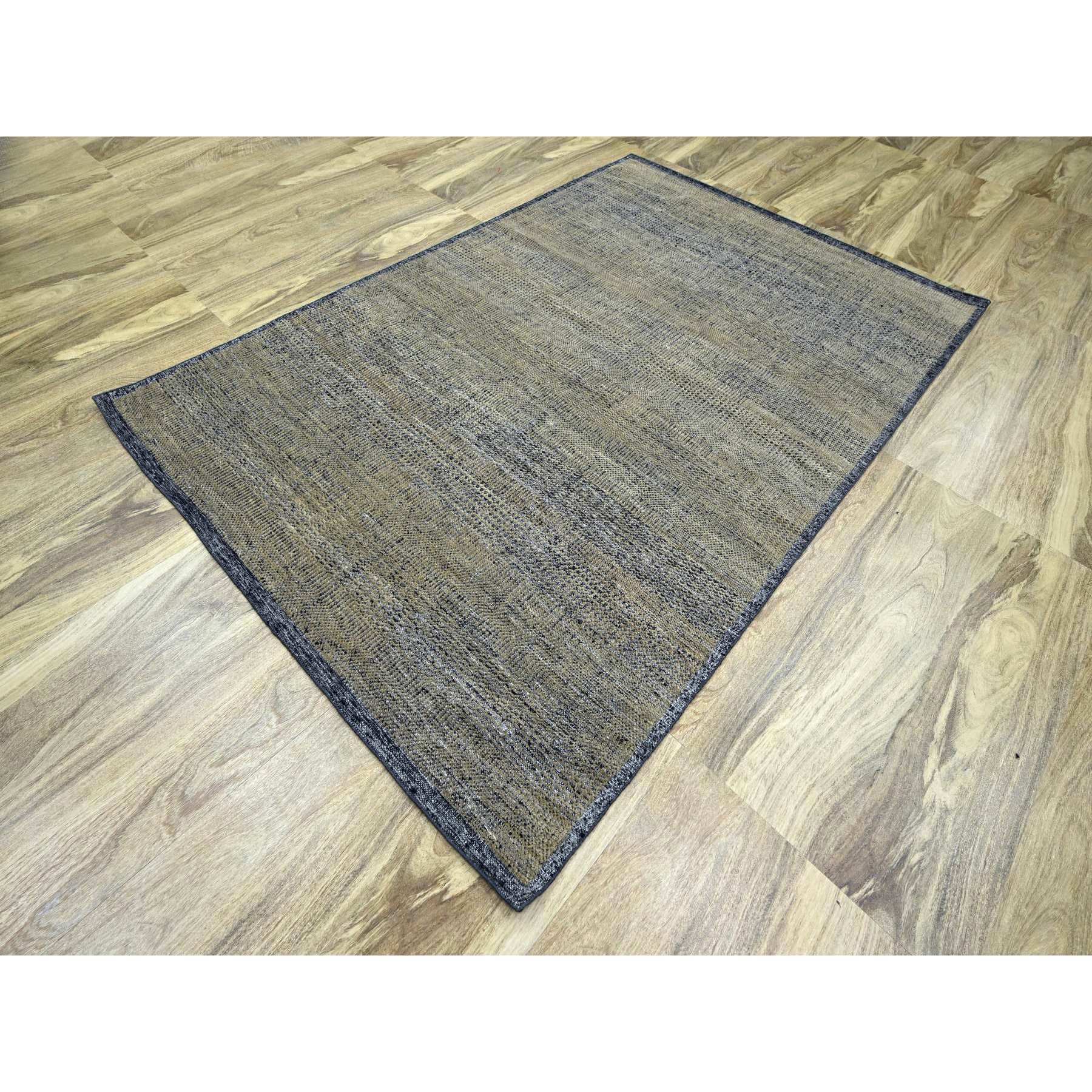 6'x9'2" Bone Brown with Charcoal Black, Oxidized and Distressed Grass Design with Exposed Warps, 100% Wool, Hand Knotted, Oriental Rug Sh76246