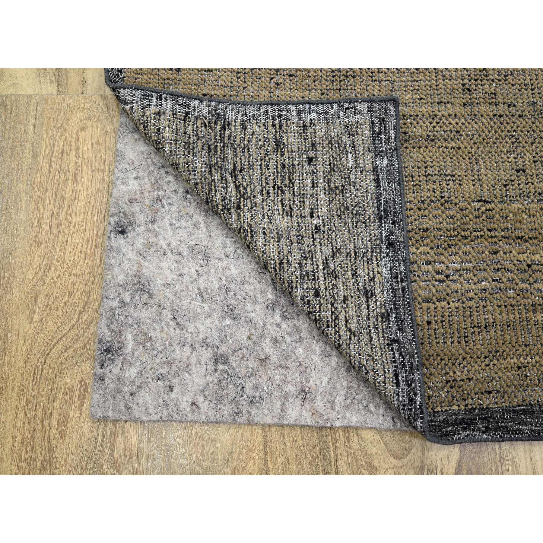 6'x9'2" Bone Brown with Charcoal Black, Oxidized and Distressed Grass Design with Exposed Warps, 100% Wool, Hand Knotted, Oriental Rug Sh76246