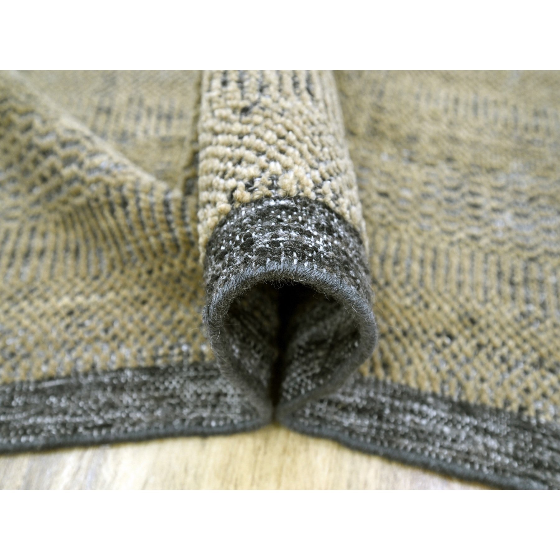 6'x9'2" Bone Brown with Charcoal Black, Oxidized and Distressed Grass Design with Exposed Warps, 100% Wool, Hand Knotted, Oriental Rug Sh76246