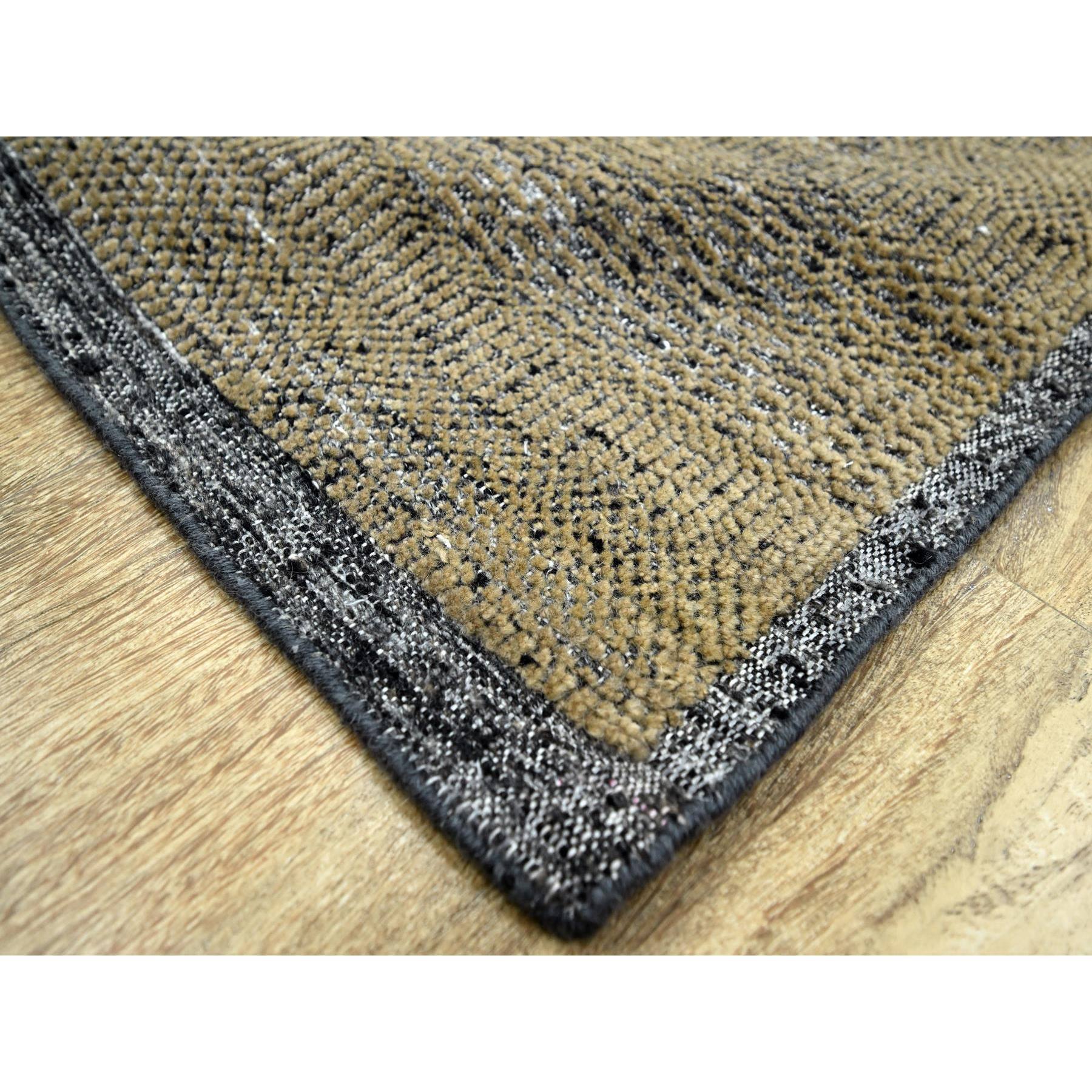 6'x9'2" Bone Brown with Charcoal Black, Oxidized and Distressed Grass Design with Exposed Warps, 100% Wool, Hand Knotted, Oriental Rug Sh76246