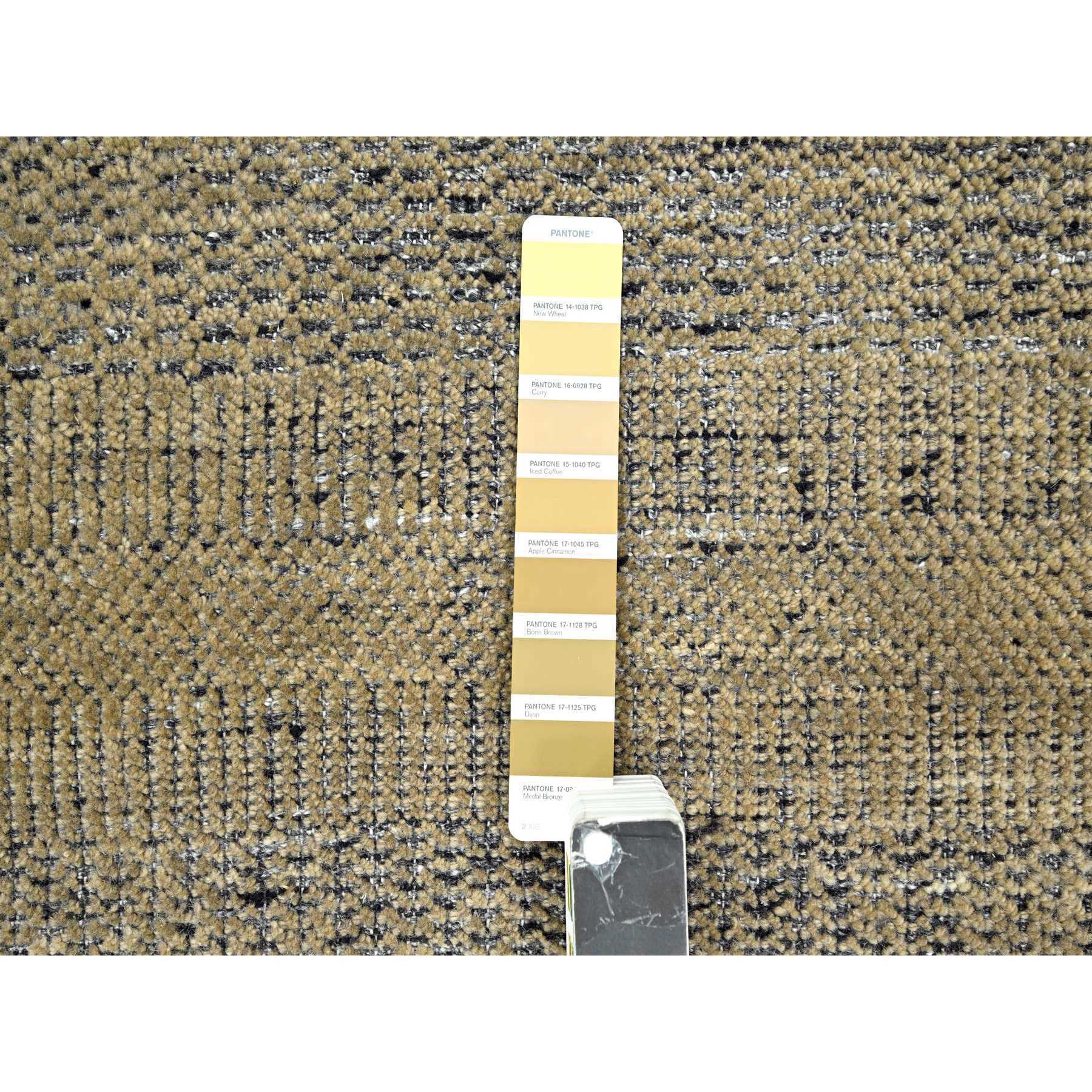 6'x9'2" Bone Brown with Charcoal Black, Oxidized and Distressed Grass Design with Exposed Warps, 100% Wool, Hand Knotted, Oriental Rug Sh76246
