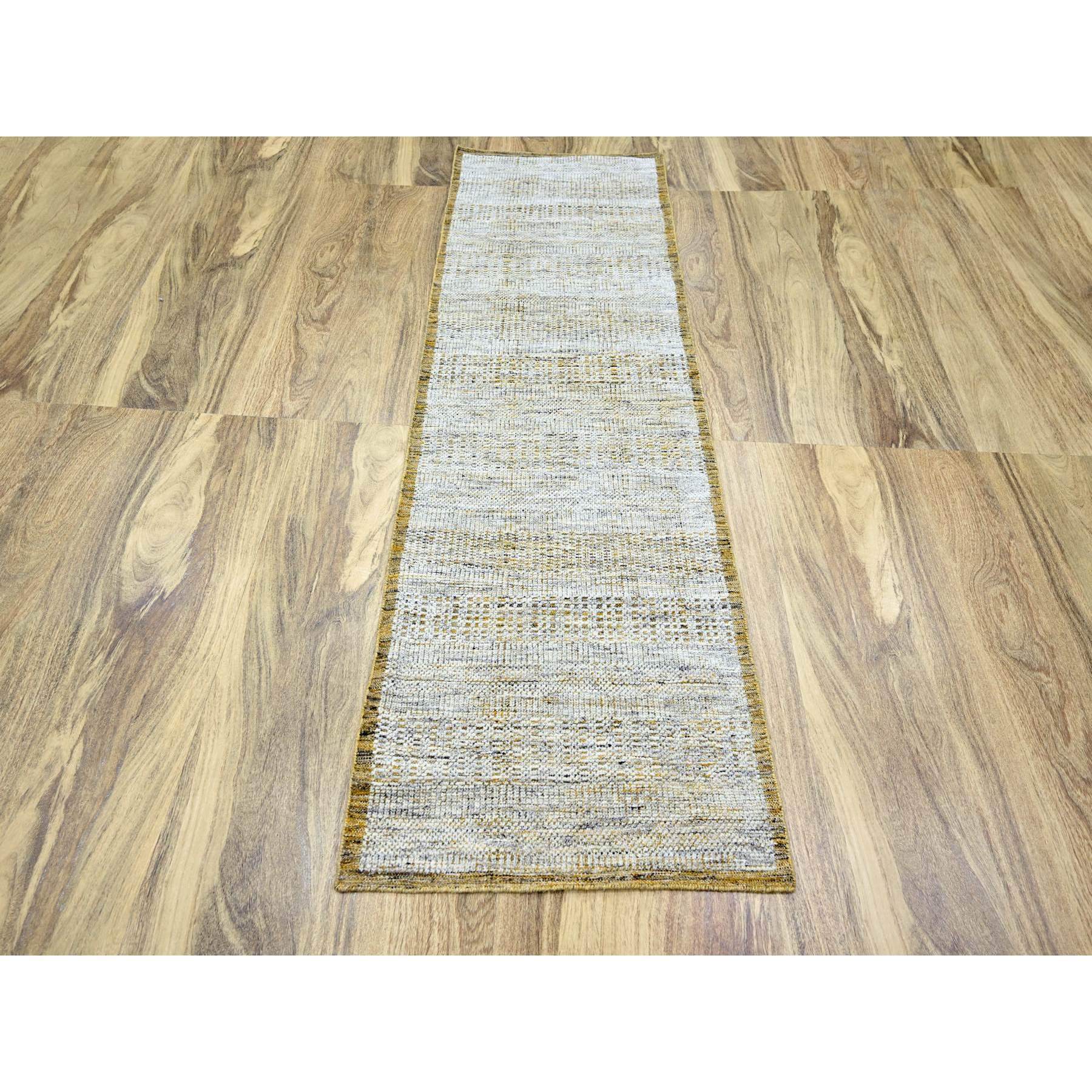 2'7"x8'2" Snow White with Golden Yellow, Hand Knotted, Oxidized and Distressed Grass Design with Exposed Warps, 100% Wool, Runner, Oriental Rug Sh76247