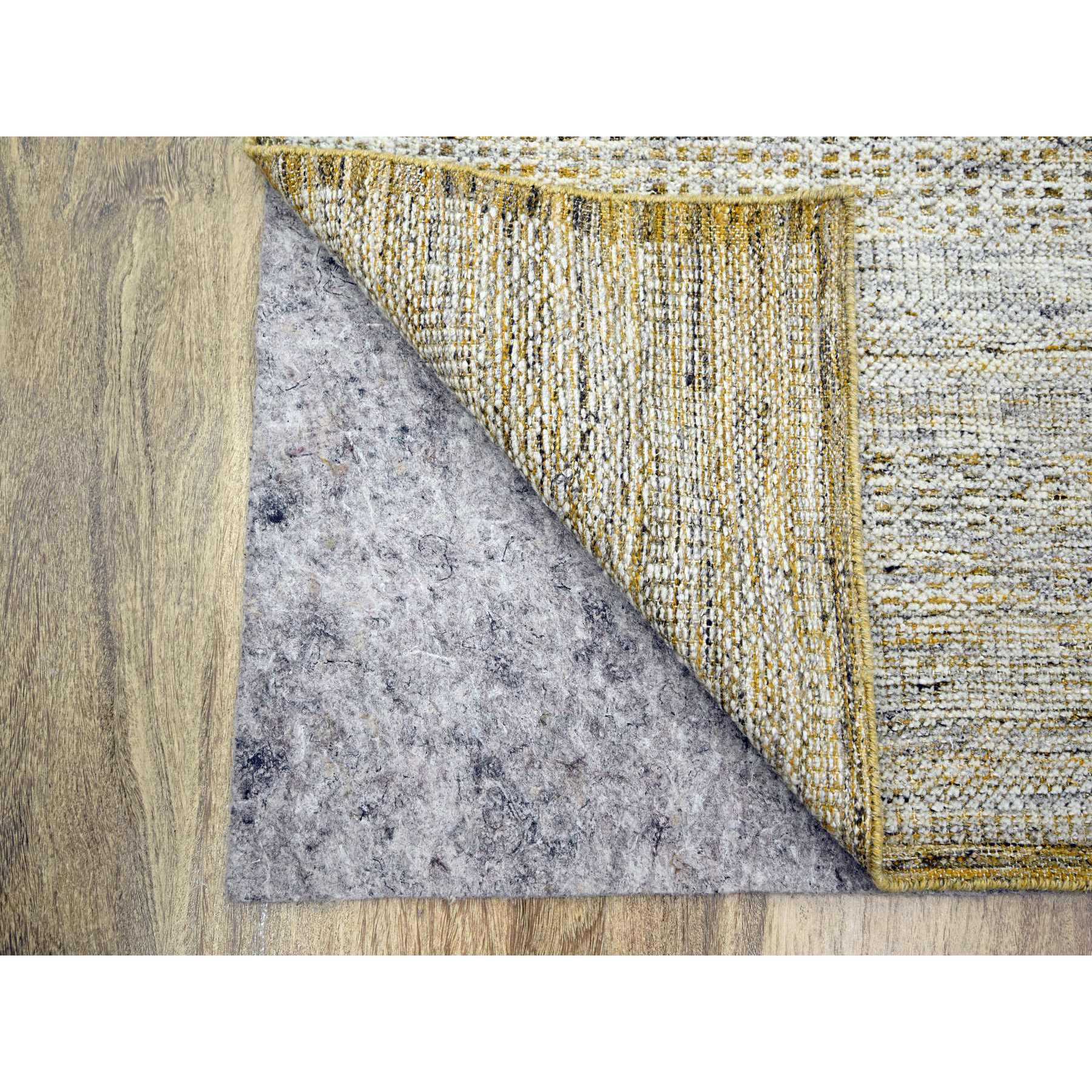 2'7"x8'2" Snow White with Golden Yellow, Hand Knotted, Oxidized and Distressed Grass Design with Exposed Warps, 100% Wool, Runner, Oriental Rug Sh76247