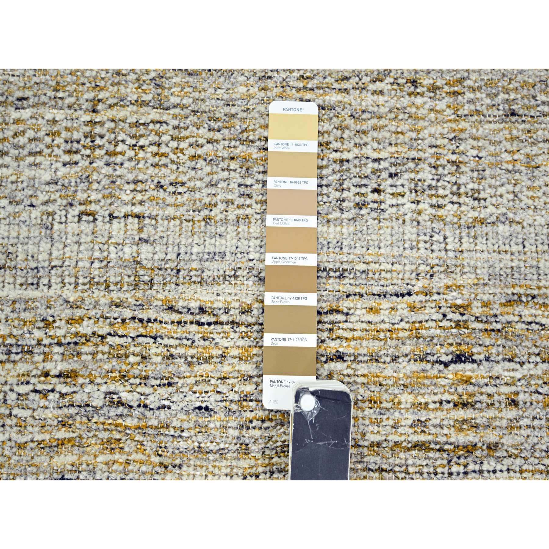 2'7"x8'2" Snow White with Golden Yellow, Hand Knotted, Oxidized and Distressed Grass Design with Exposed Warps, 100% Wool, Runner, Oriental Rug Sh76247