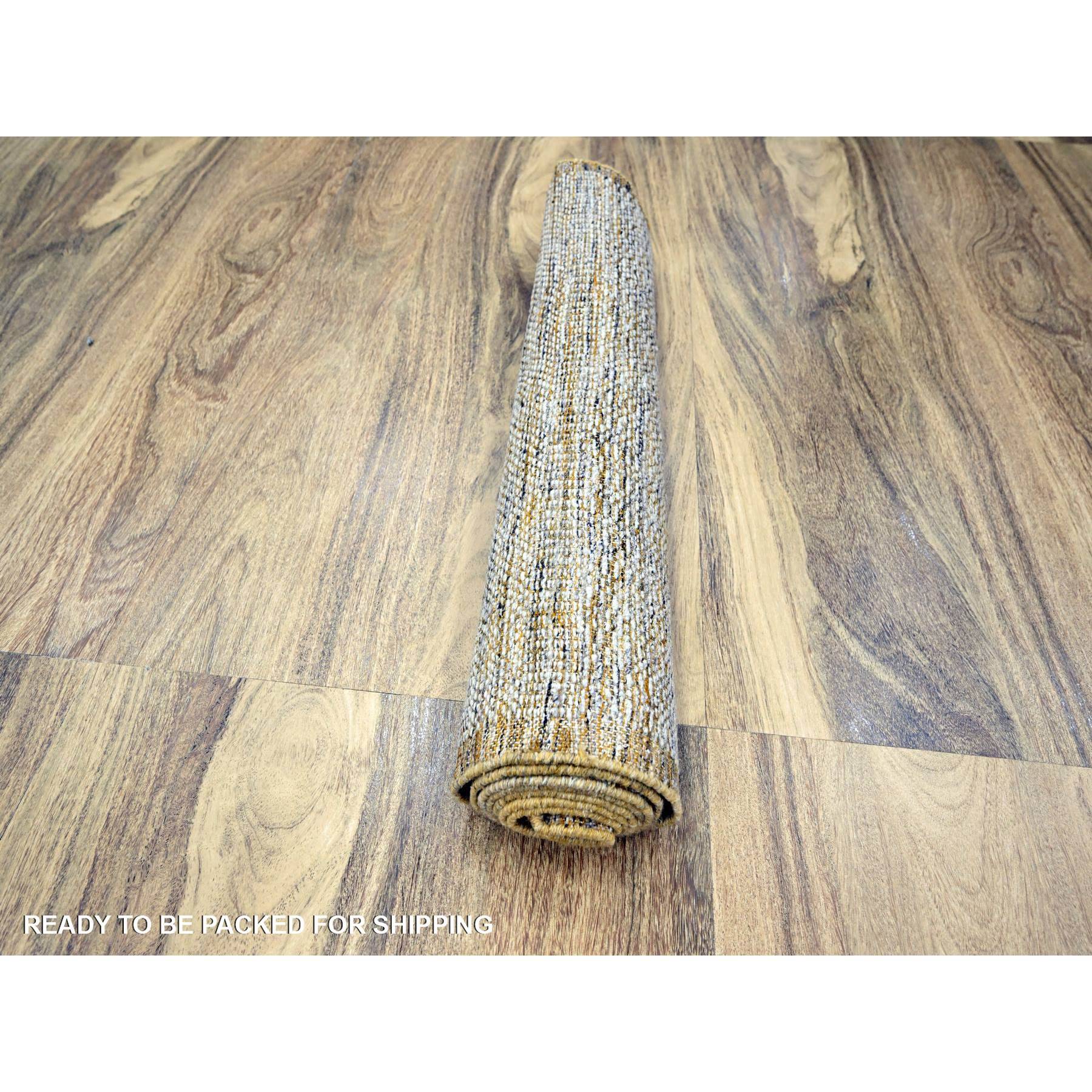 2'7"x8'2" Snow White with Golden Yellow, Hand Knotted, Oxidized and Distressed Grass Design with Exposed Warps, 100% Wool, Runner, Oriental Rug Sh76247