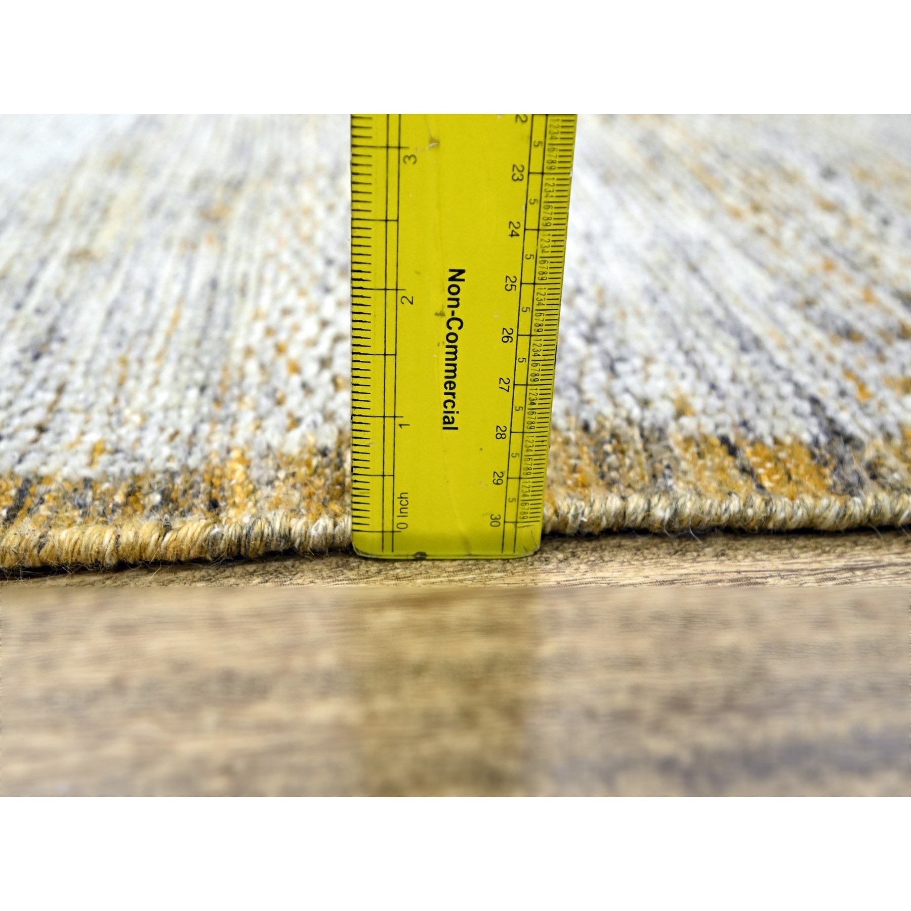 2'7"x8'2" Snow White with Golden Yellow, Hand Knotted, Oxidized and Distressed Grass Design with Exposed Warps, 100% Wool, Runner, Oriental Rug Sh76247