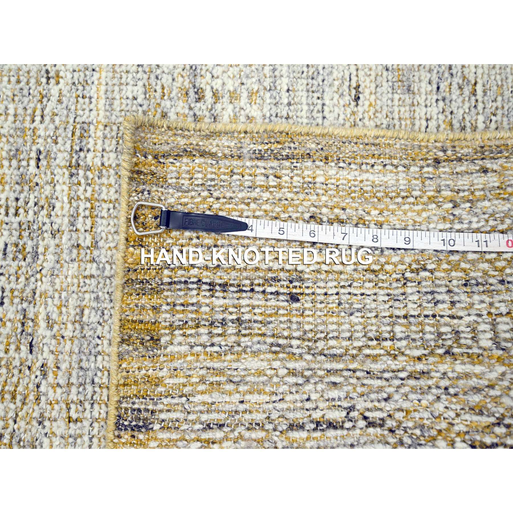 2'7"x8'2" Snow White with Golden Yellow, Hand Knotted, Oxidized and Distressed Grass Design with Exposed Warps, 100% Wool, Runner, Oriental Rug Sh76247