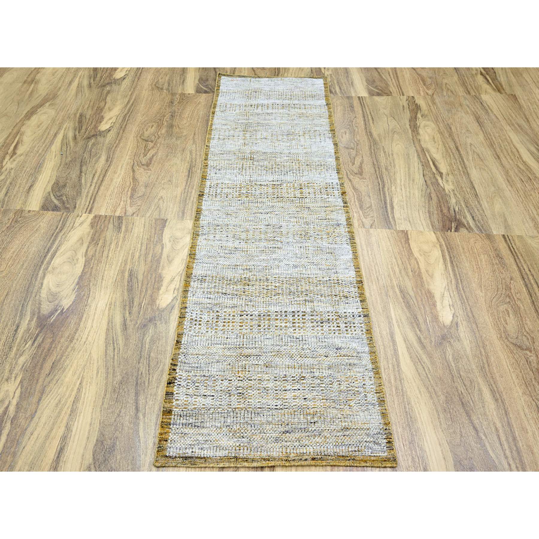2'7"x8'2" Powder White with Nugget Gold, Hand Knotted, Oxidized and Distressed Grass Design with Exposed Warps, 100% Wool, Runner, Oriental Rug Sh76249