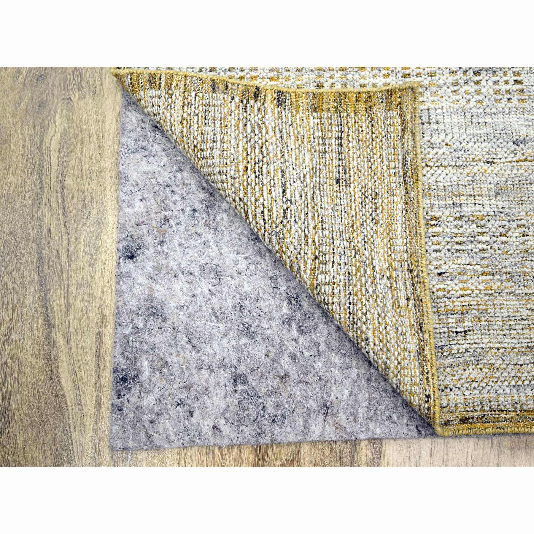 2'7"x8'2" Powder White with Nugget Gold, Hand Knotted, Oxidized and Distressed Grass Design with Exposed Warps, 100% Wool, Runner, Oriental Rug Sh76249