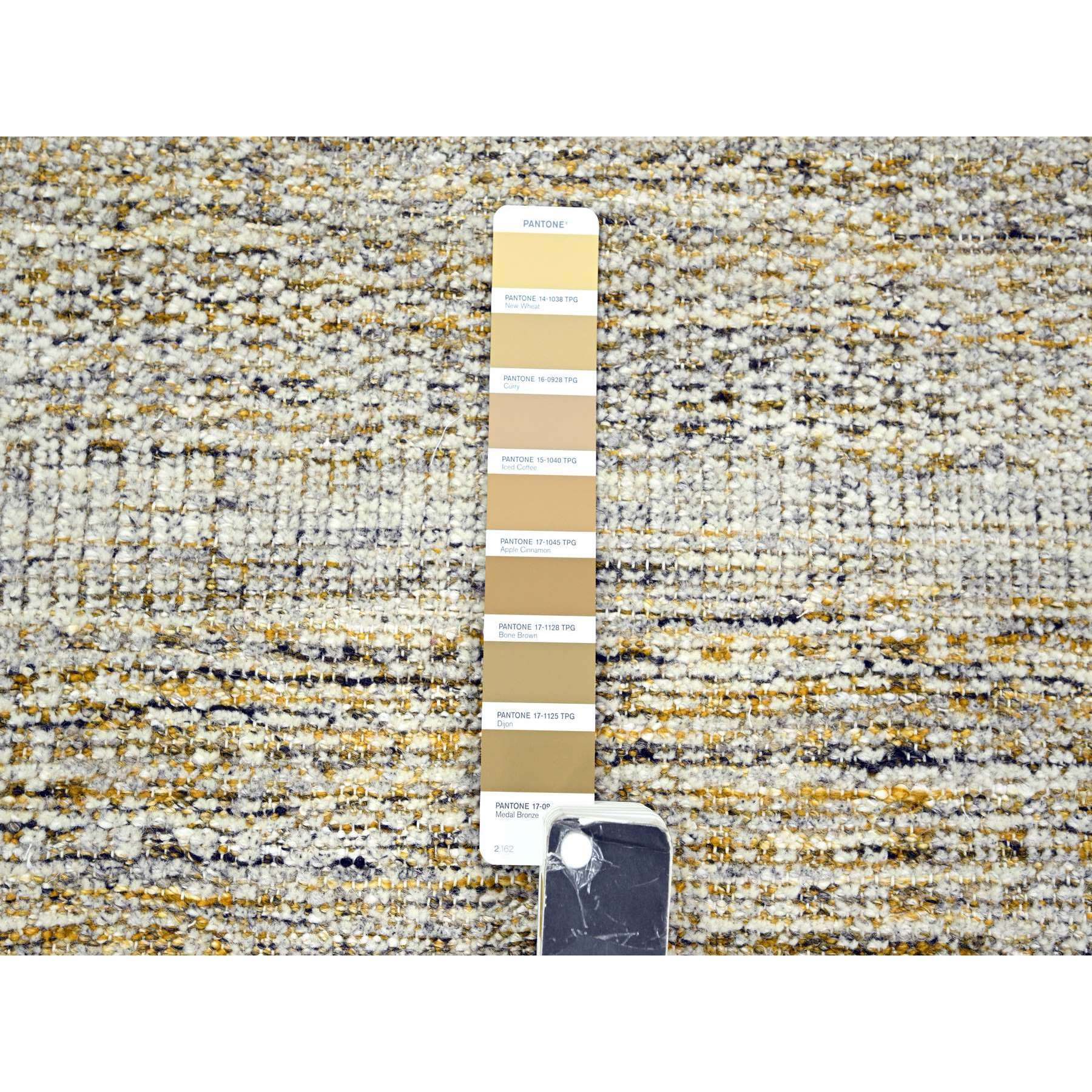 2'7"x8'2" Powder White with Nugget Gold, Hand Knotted, Oxidized and Distressed Grass Design with Exposed Warps, 100% Wool, Runner, Oriental Rug Sh76249