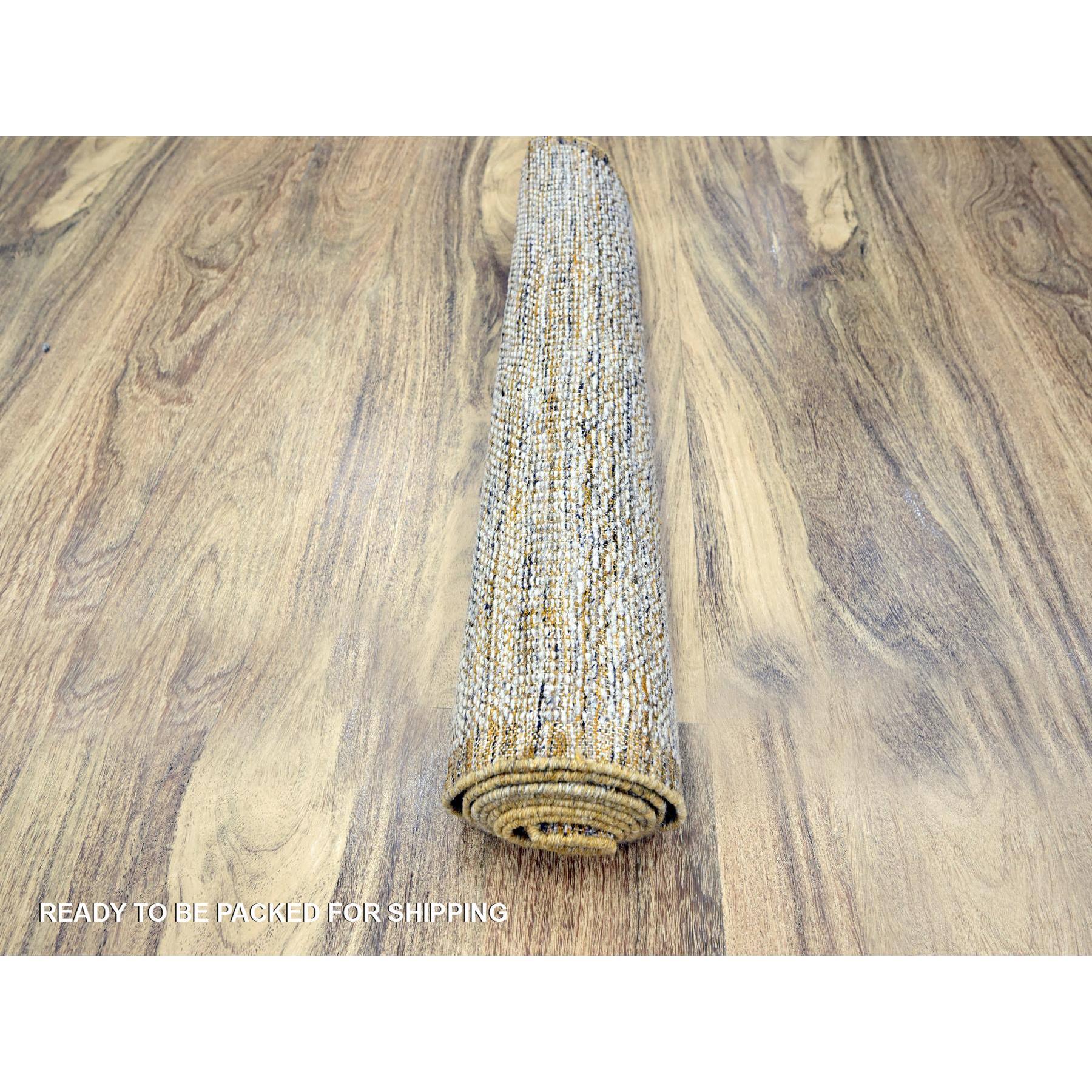 2'7"x8'2" Powder White with Nugget Gold, Hand Knotted, Oxidized and Distressed Grass Design with Exposed Warps, 100% Wool, Runner, Oriental Rug Sh76249