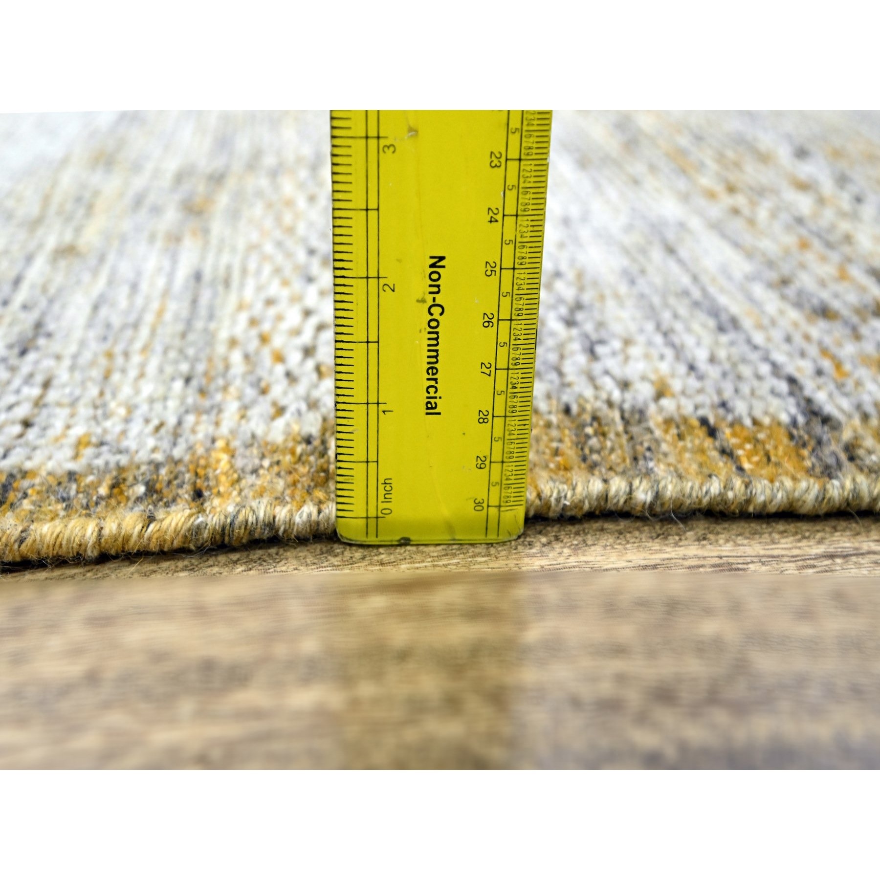 2'7"x8'2" Powder White with Nugget Gold, Hand Knotted, Oxidized and Distressed Grass Design with Exposed Warps, 100% Wool, Runner, Oriental Rug Sh76249